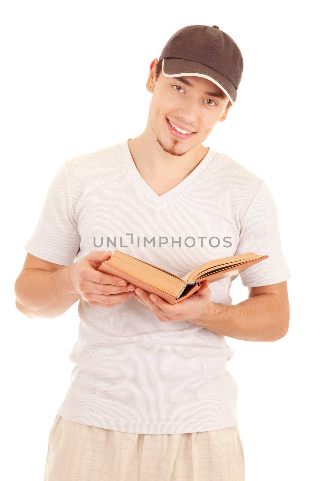 Smiling young casual men with a book on white background
