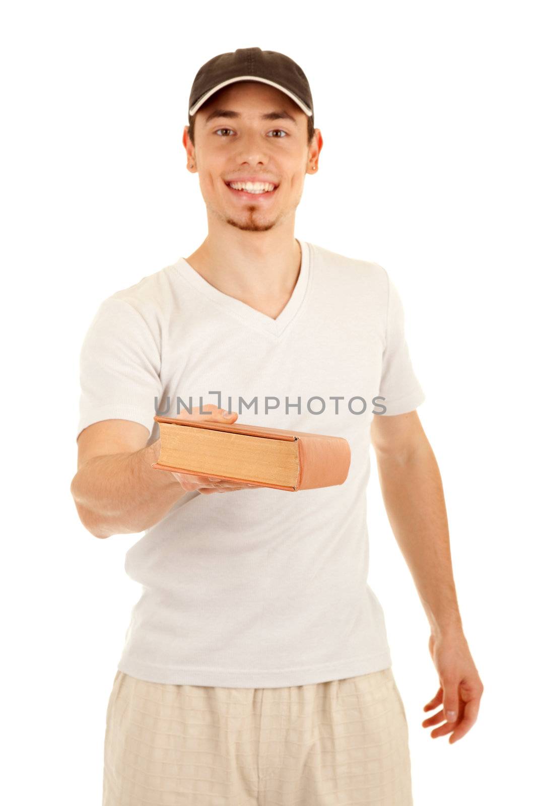 Smiling young casual men advices a book. On white background. Focus on the book