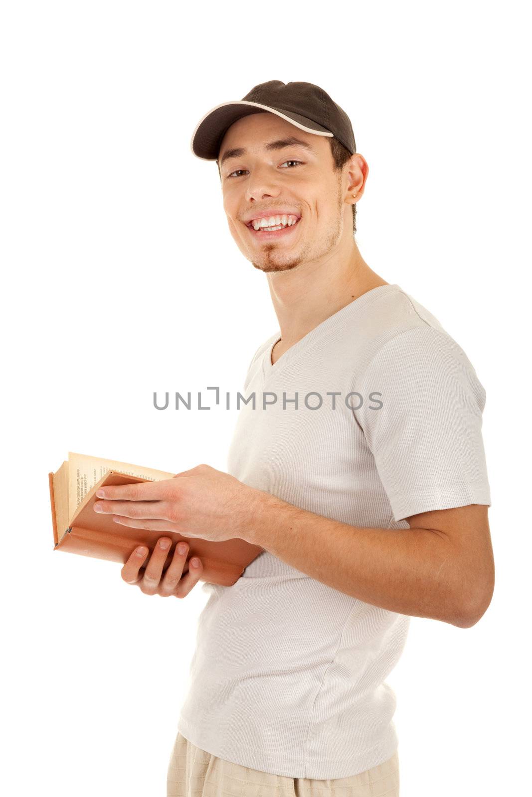 Smiling young casual men with a open book on white background