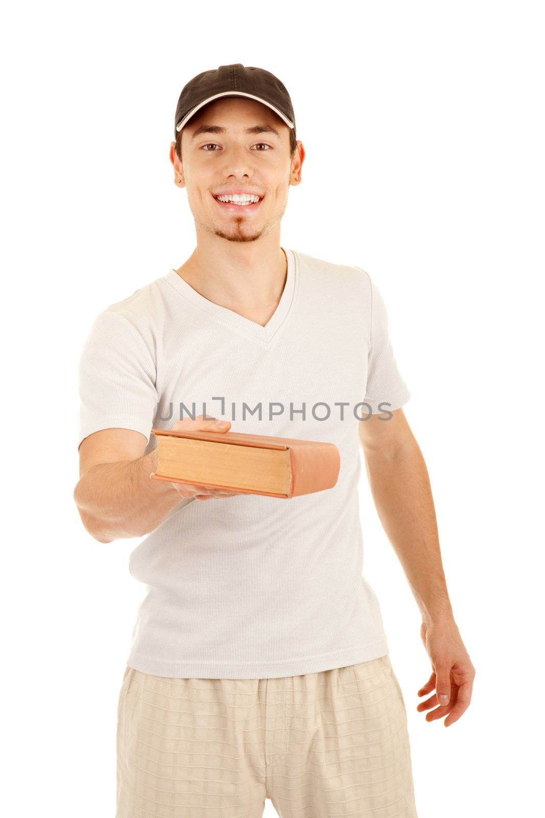 Smiling young casual men advices a book. On white background. Focus on man's eyes.