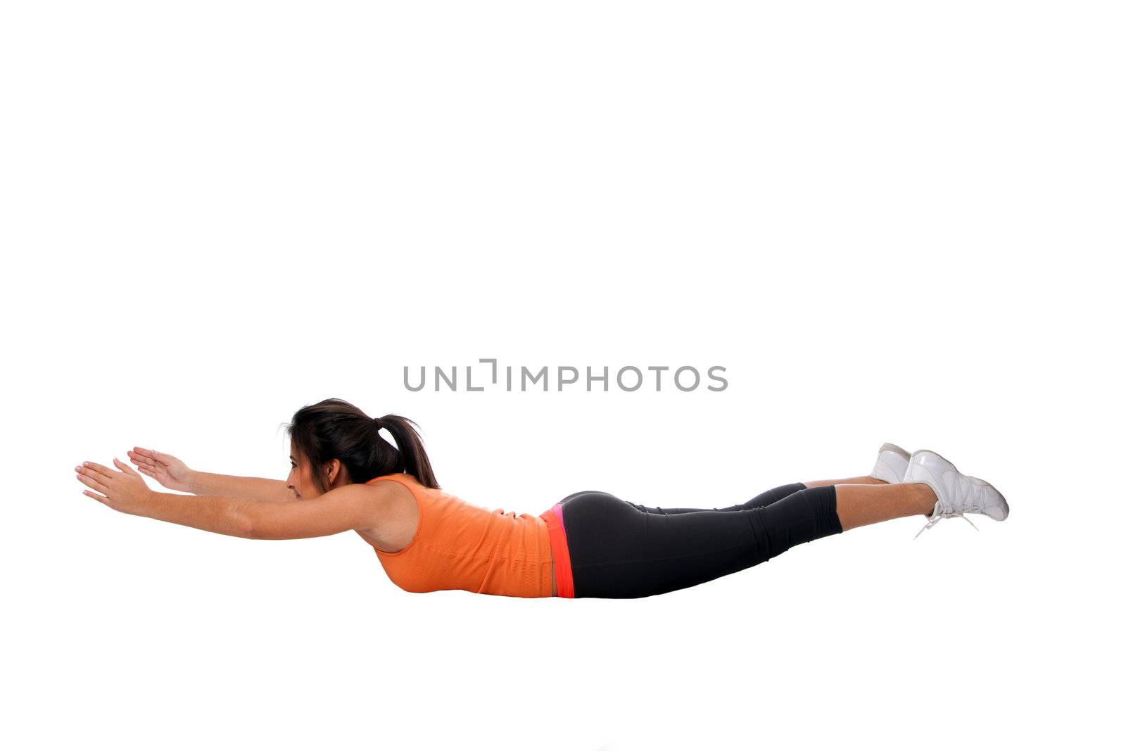 Beautiful young woman doing yoga stretching back fitness exercise, isolated.