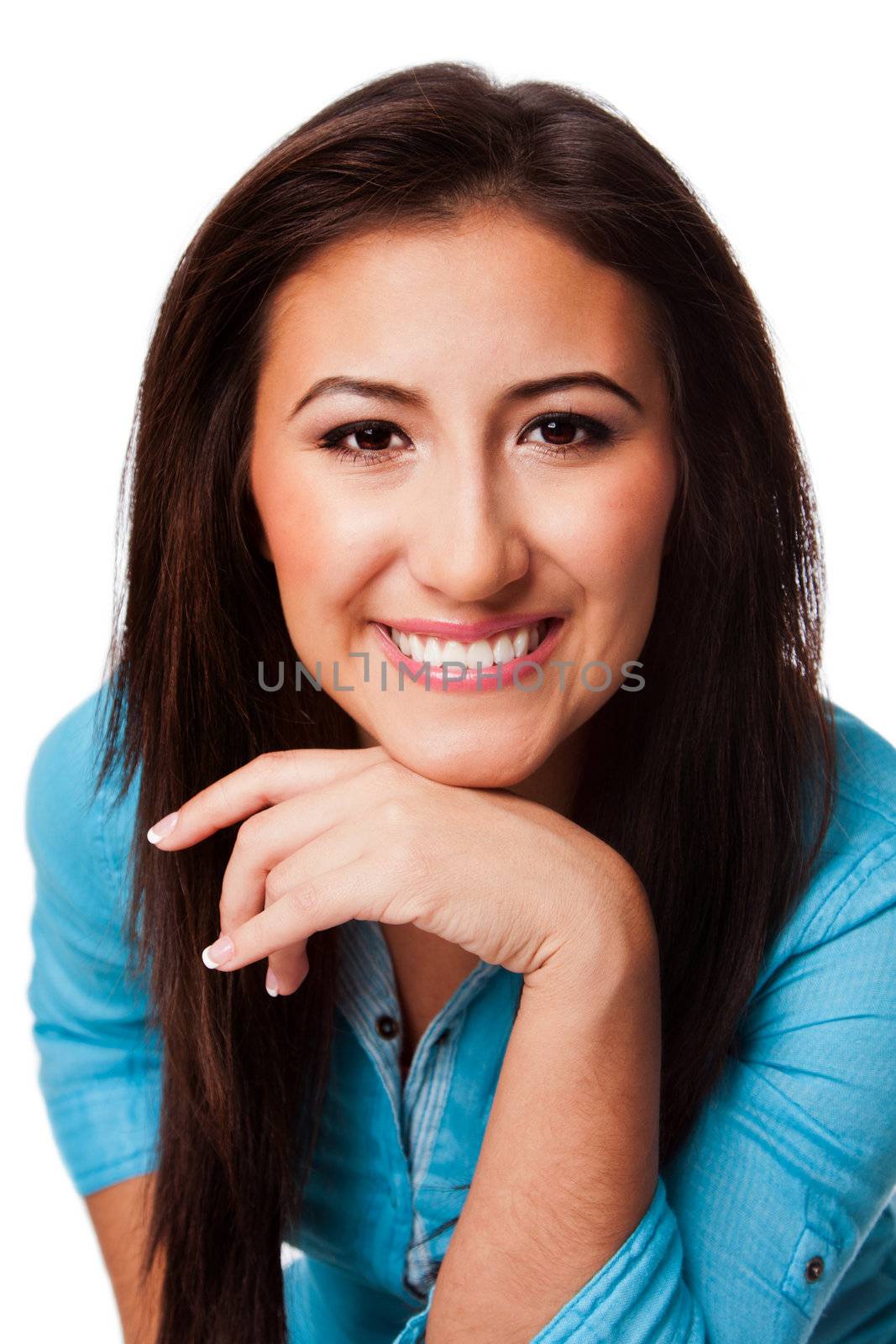 Happy beautiful smiling female student portrait of face with long hair, isolated.