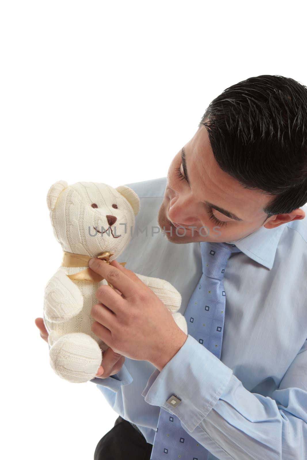 Salesman holding a teddy bear by lovleah