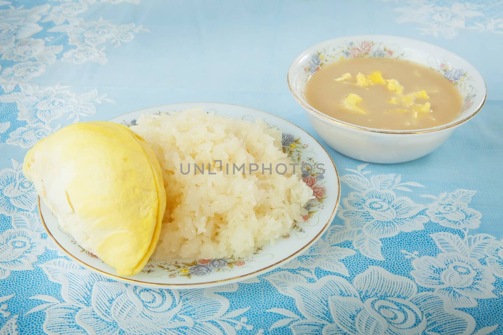 Durian sticky rice on the blue table
