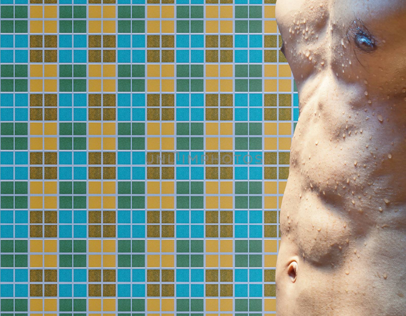 Wet torso with water drops against mosaic wall
