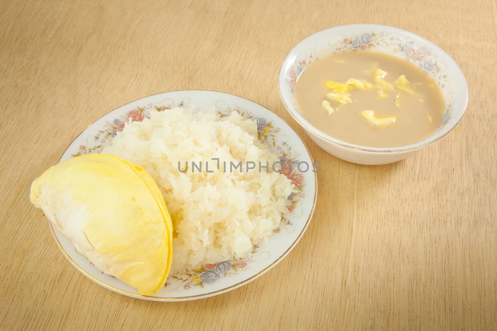 Durian sticky rice on the wood background