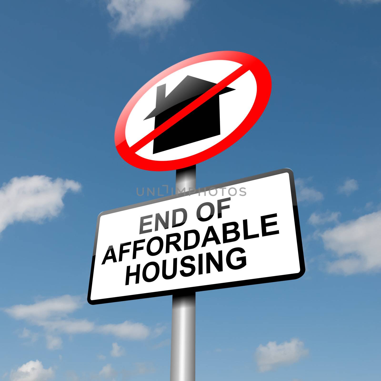 Illustration depicting a road traffic sign with an affordable housing concept. Blue sky background.