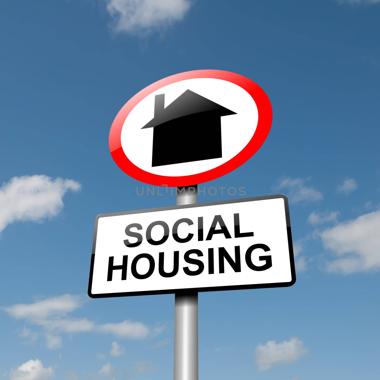 Illustration depicting a road traffic sign with a social housing concept. Blue sky background.