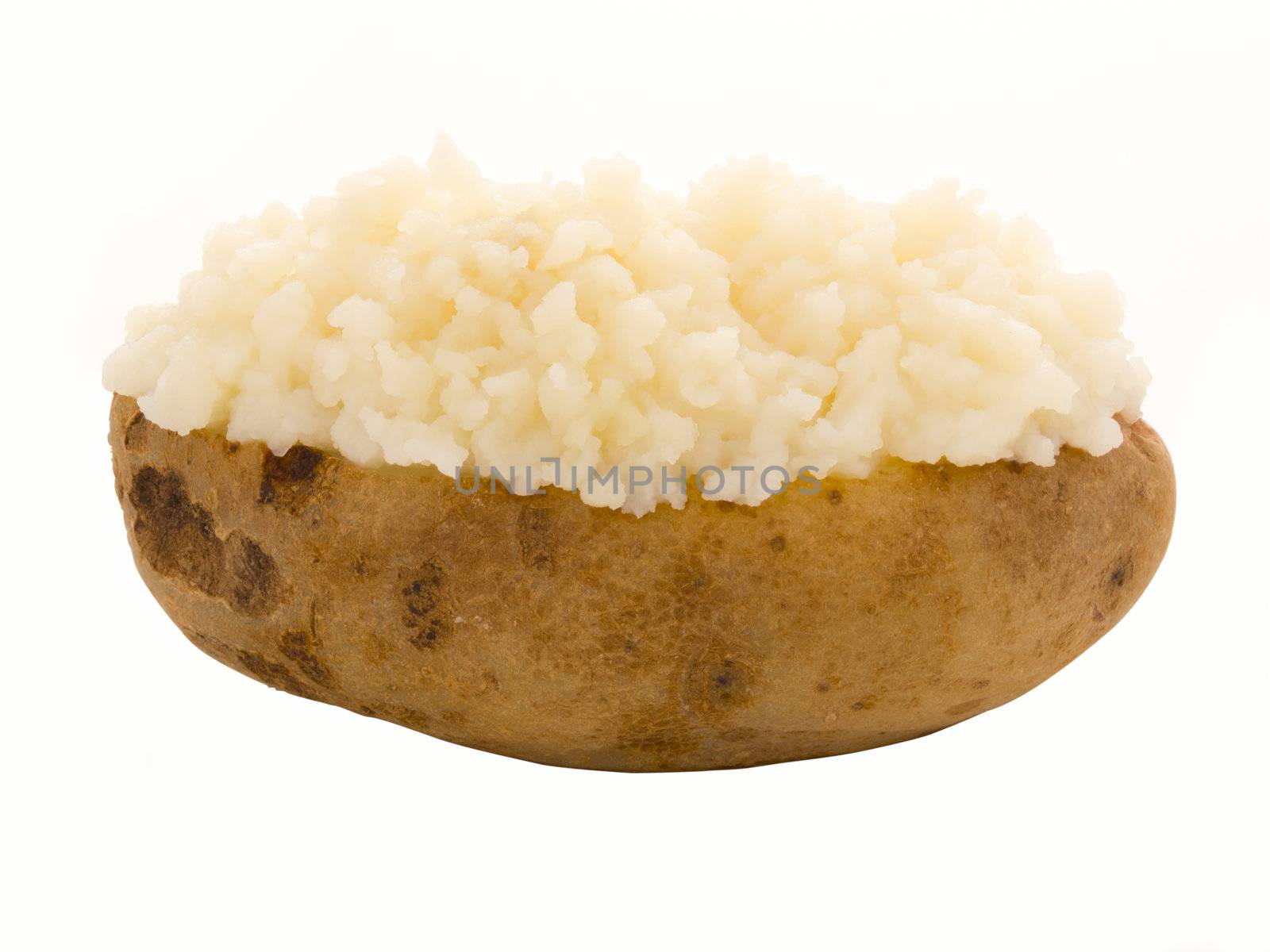 close up of a baked potato isolated on white