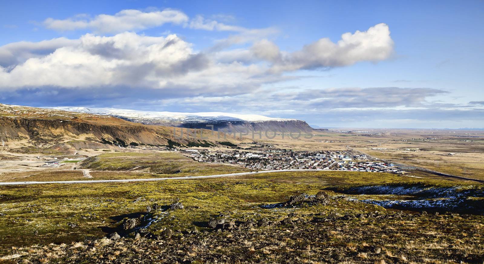 Scenic view over a small Icelandic village, Hveragerdi