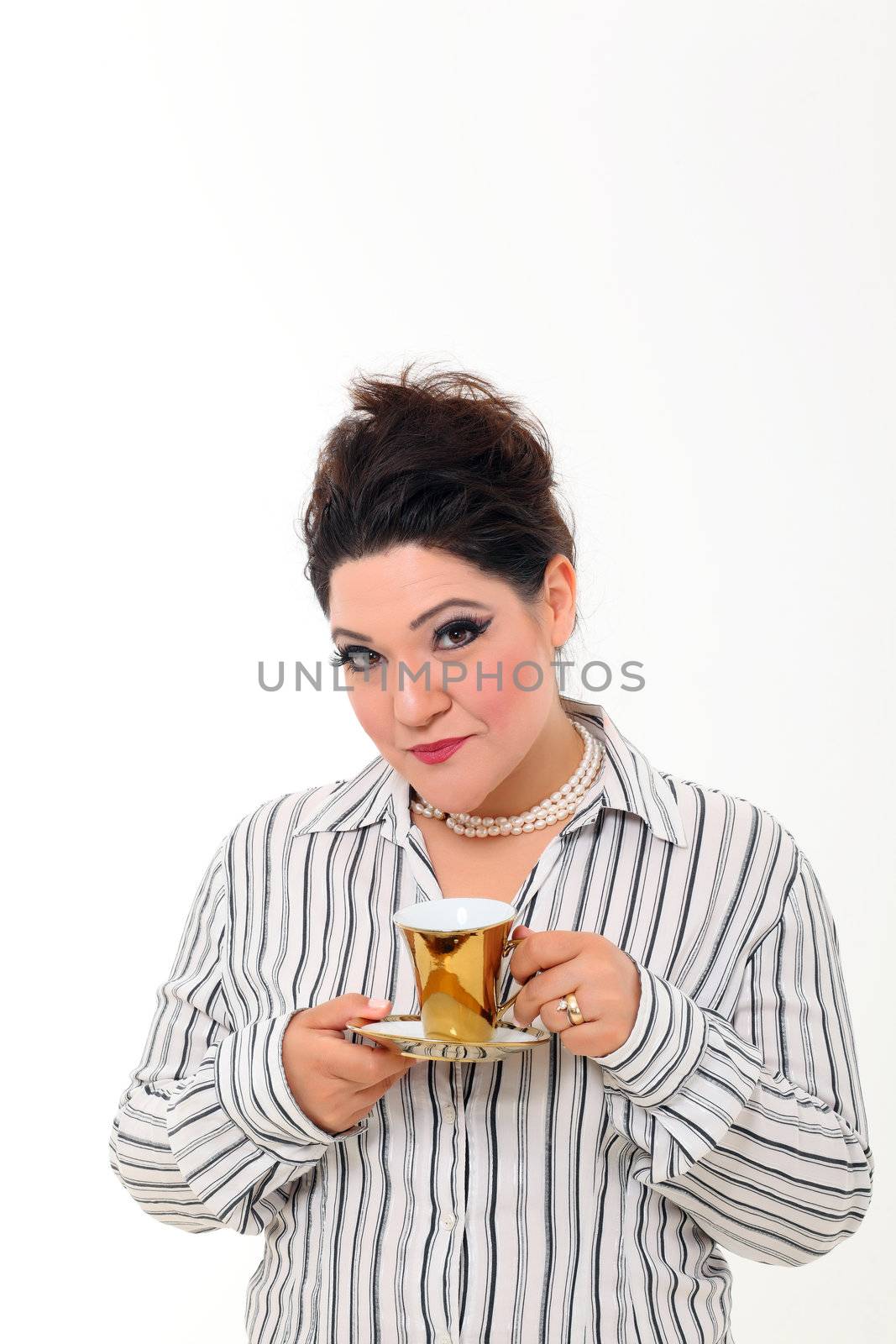 Pretty plus size woman with gold cup of coffee