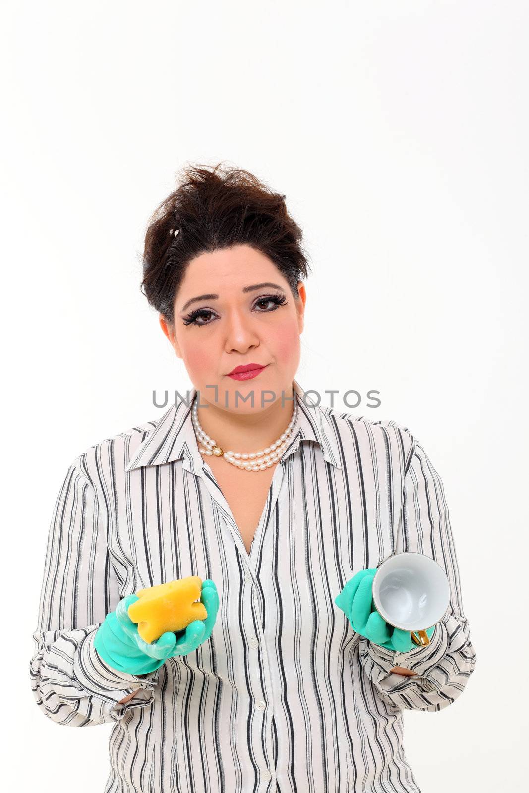 Woman in carrier cleaning a mug by shamtor