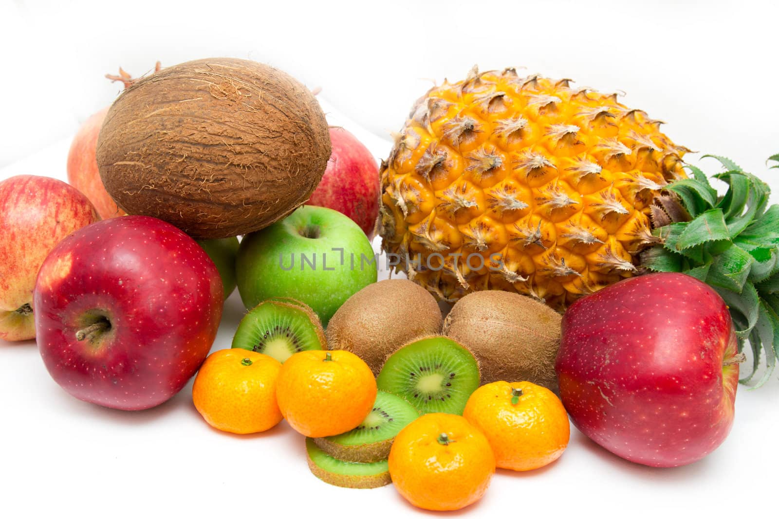 Vegetables and fruit on a white background