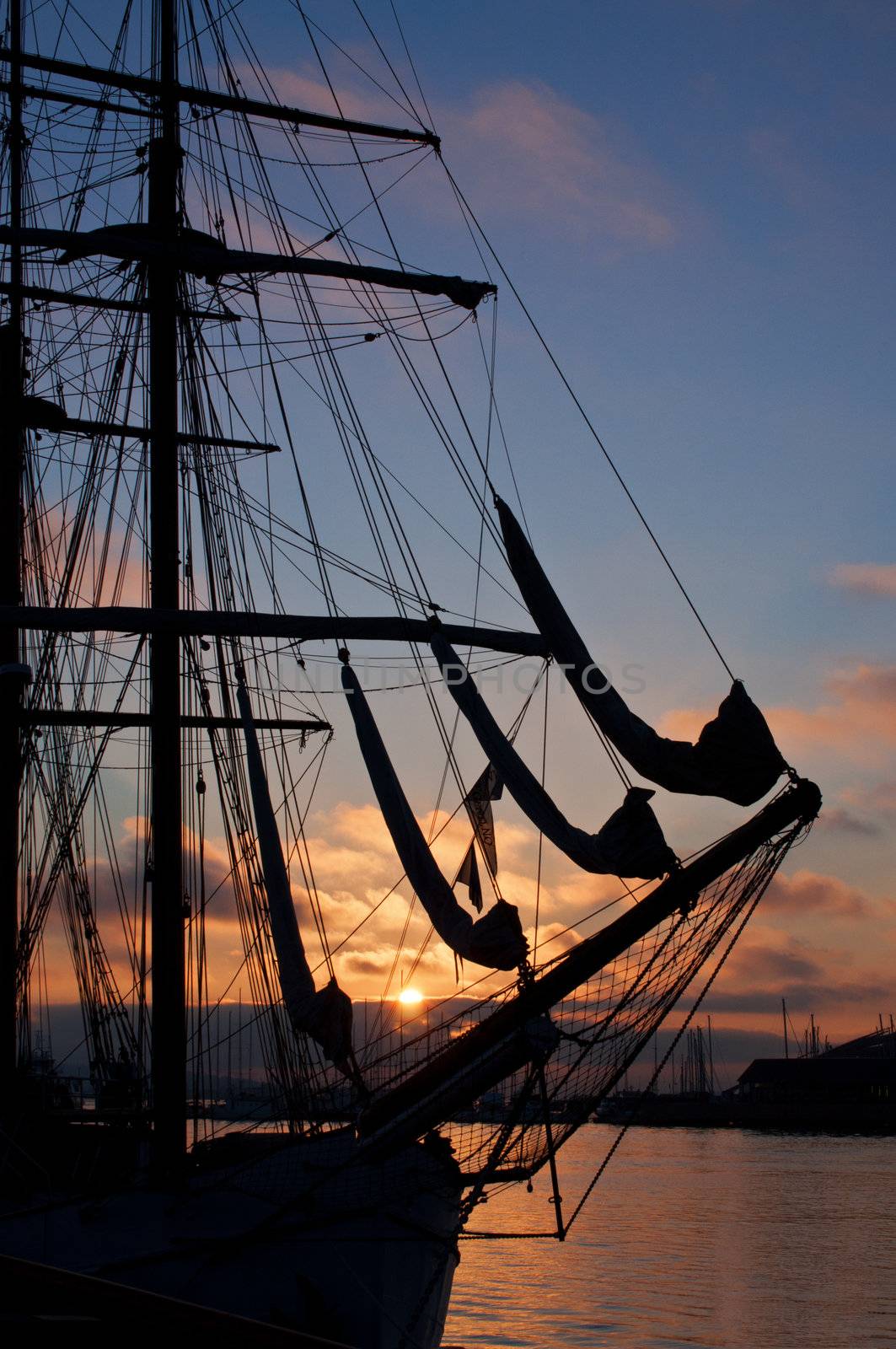 Close up tall ship silhouette at sunset Oslo Fjord