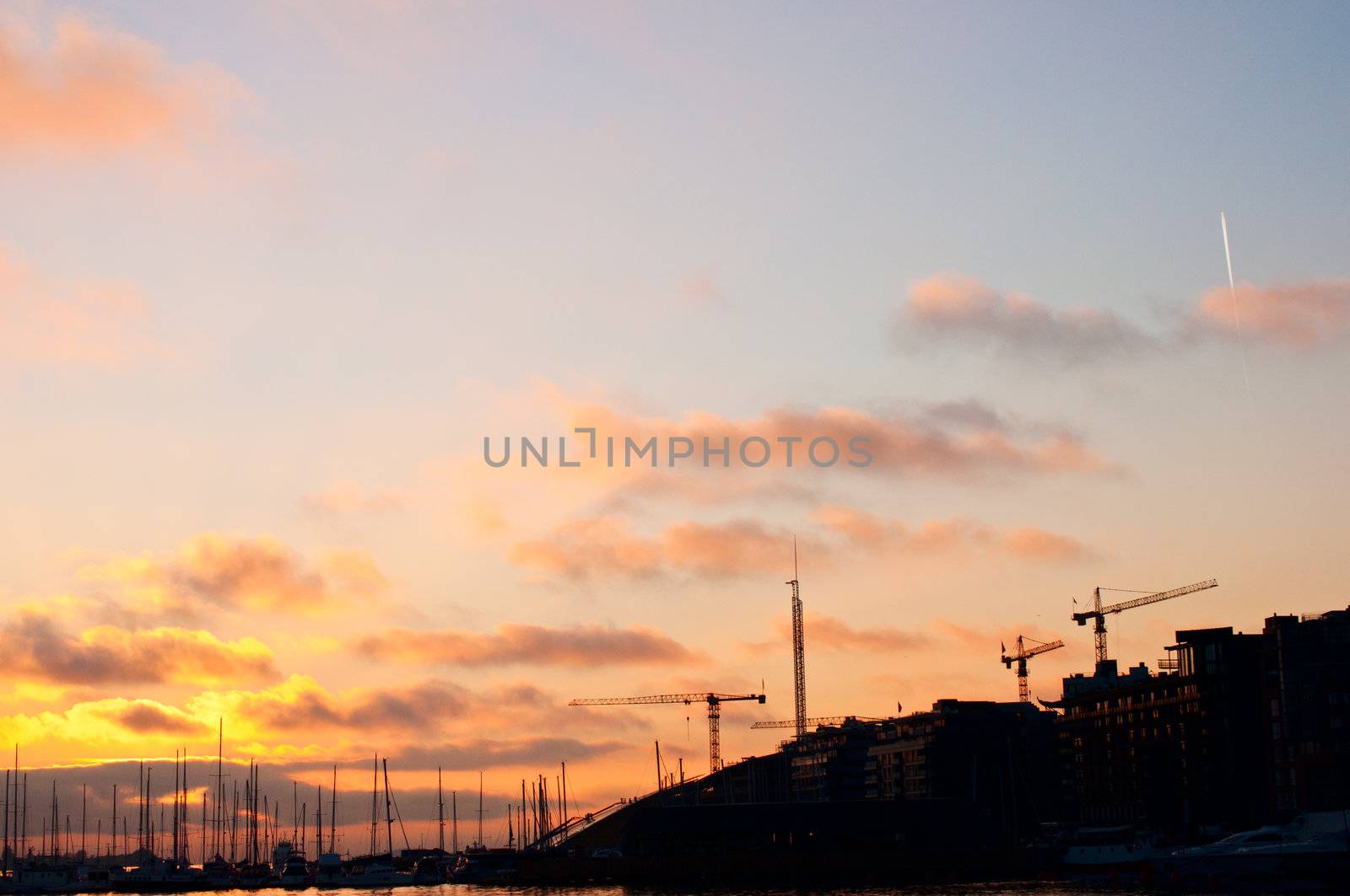 Modern city and marina view at sunset Oslo Norway