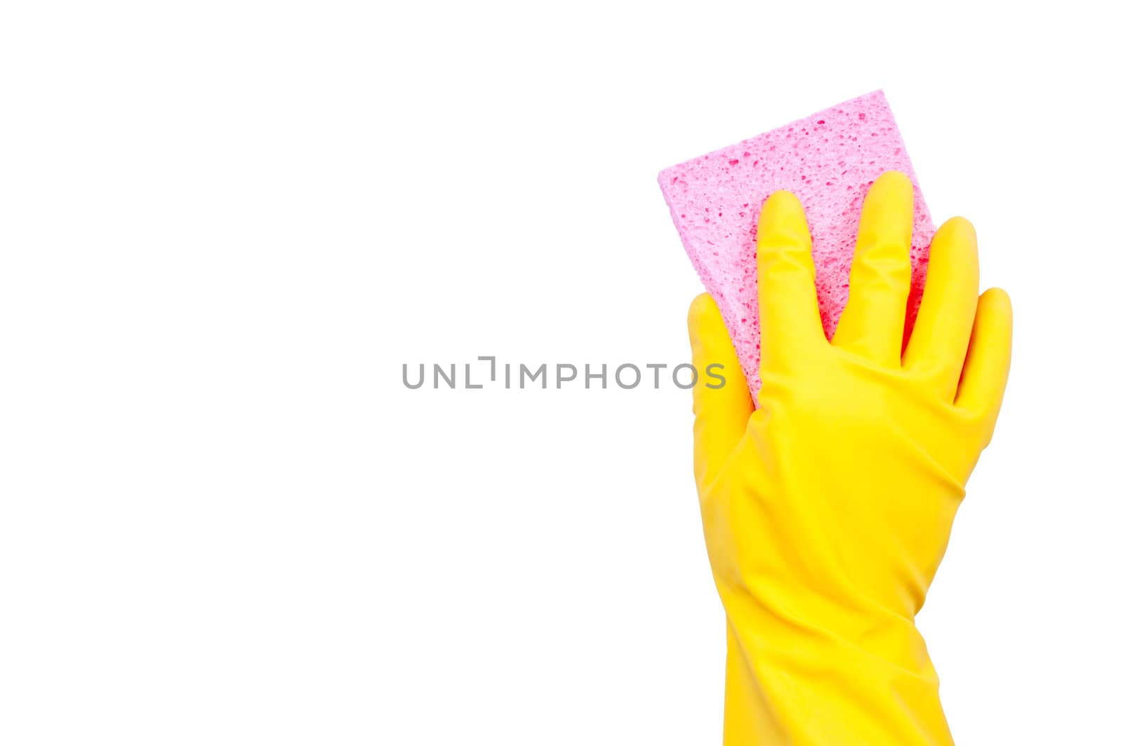 Yellow rubber glove with pink sponge on transparent background