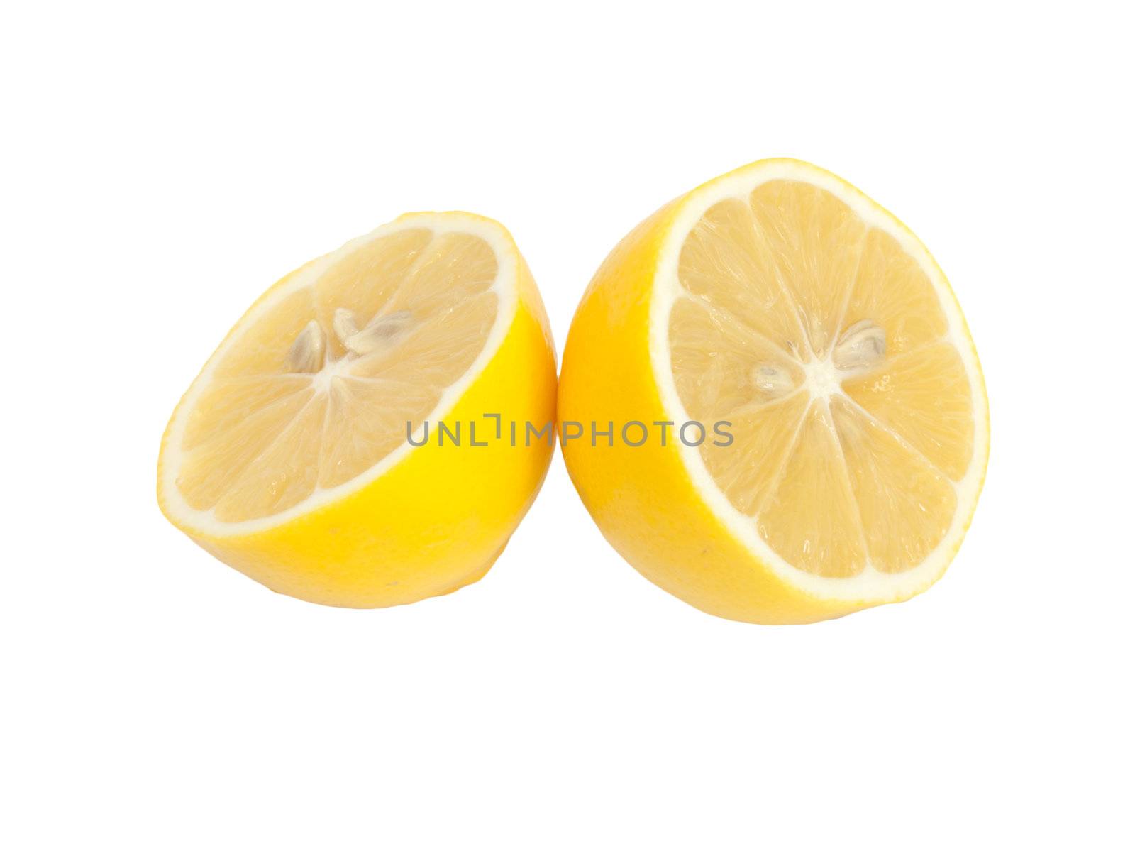 Two fresh lemon halves on white background. 