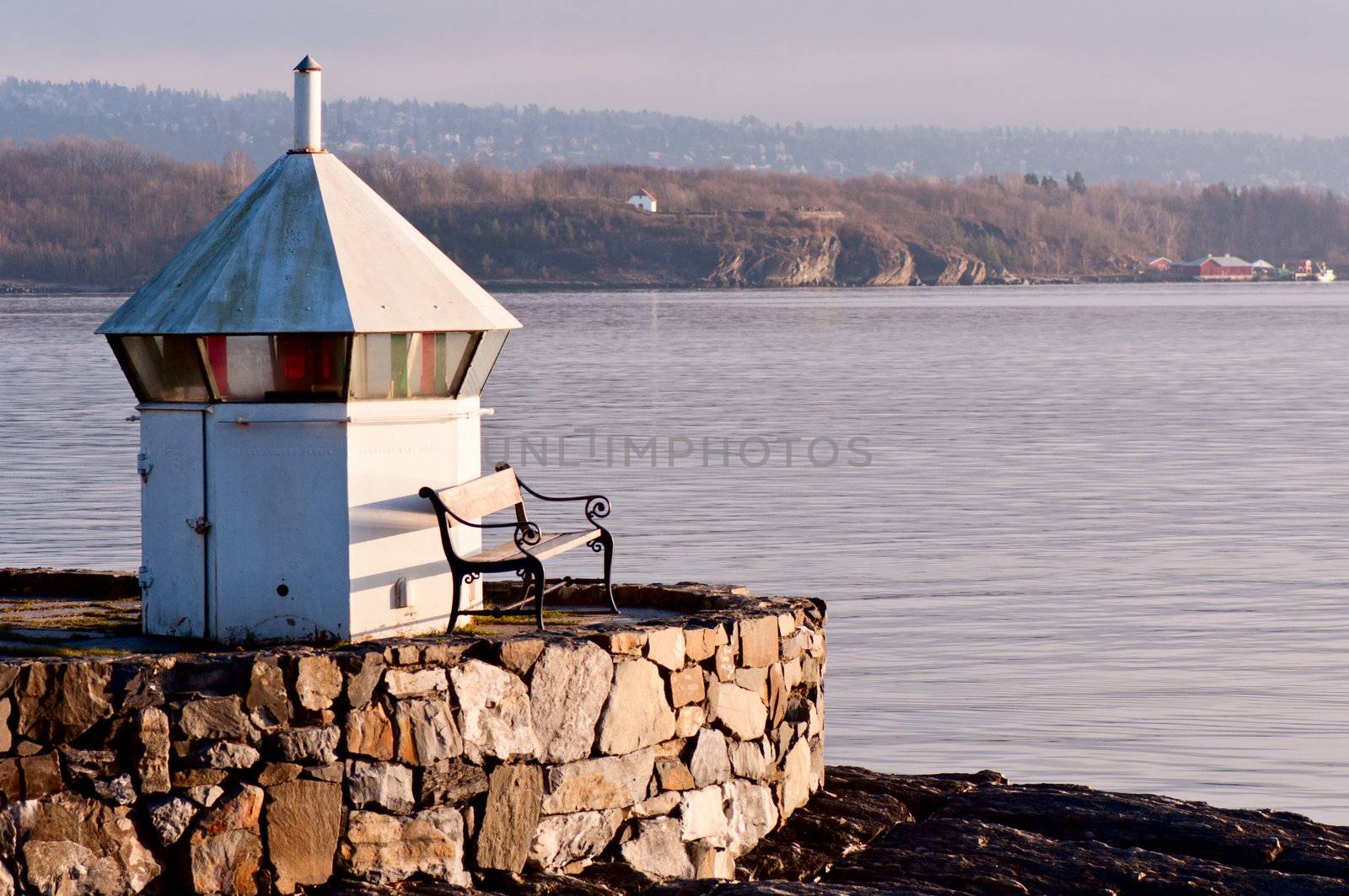 Lighthouse with bench, Oslo Fjord, Norway