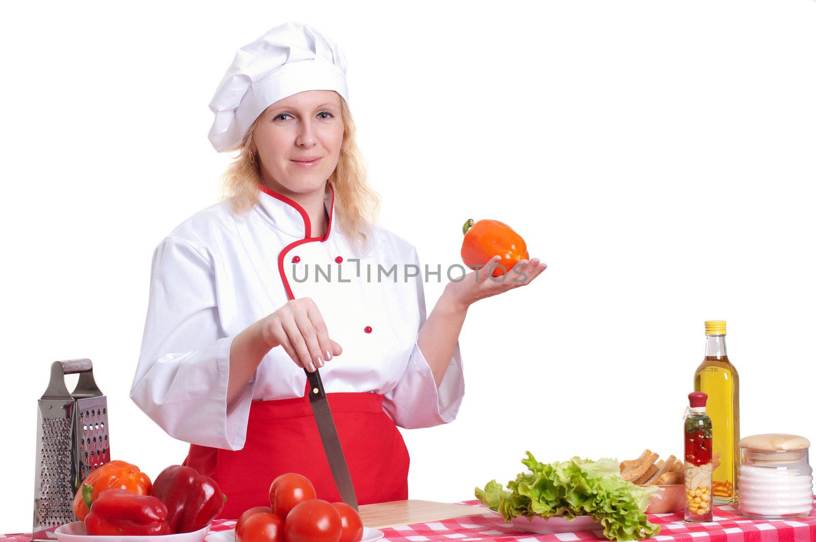 Portrait of attractive cook woman, holding a knife