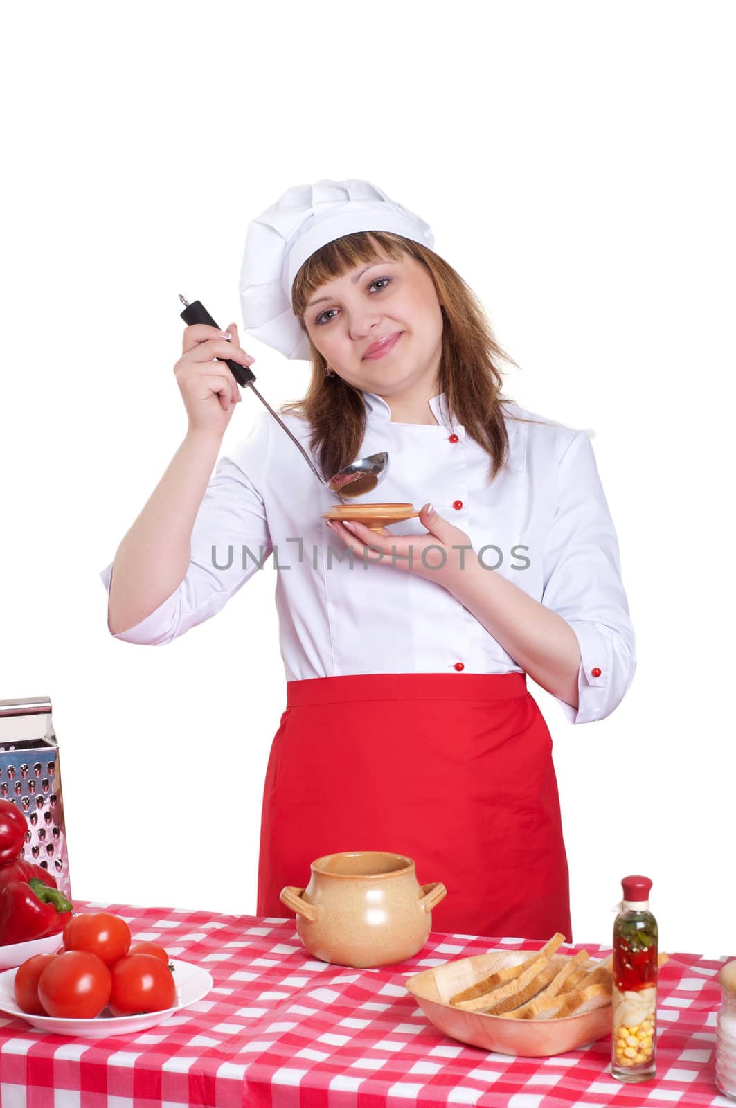 attractive woman keeps spoon for food, white background