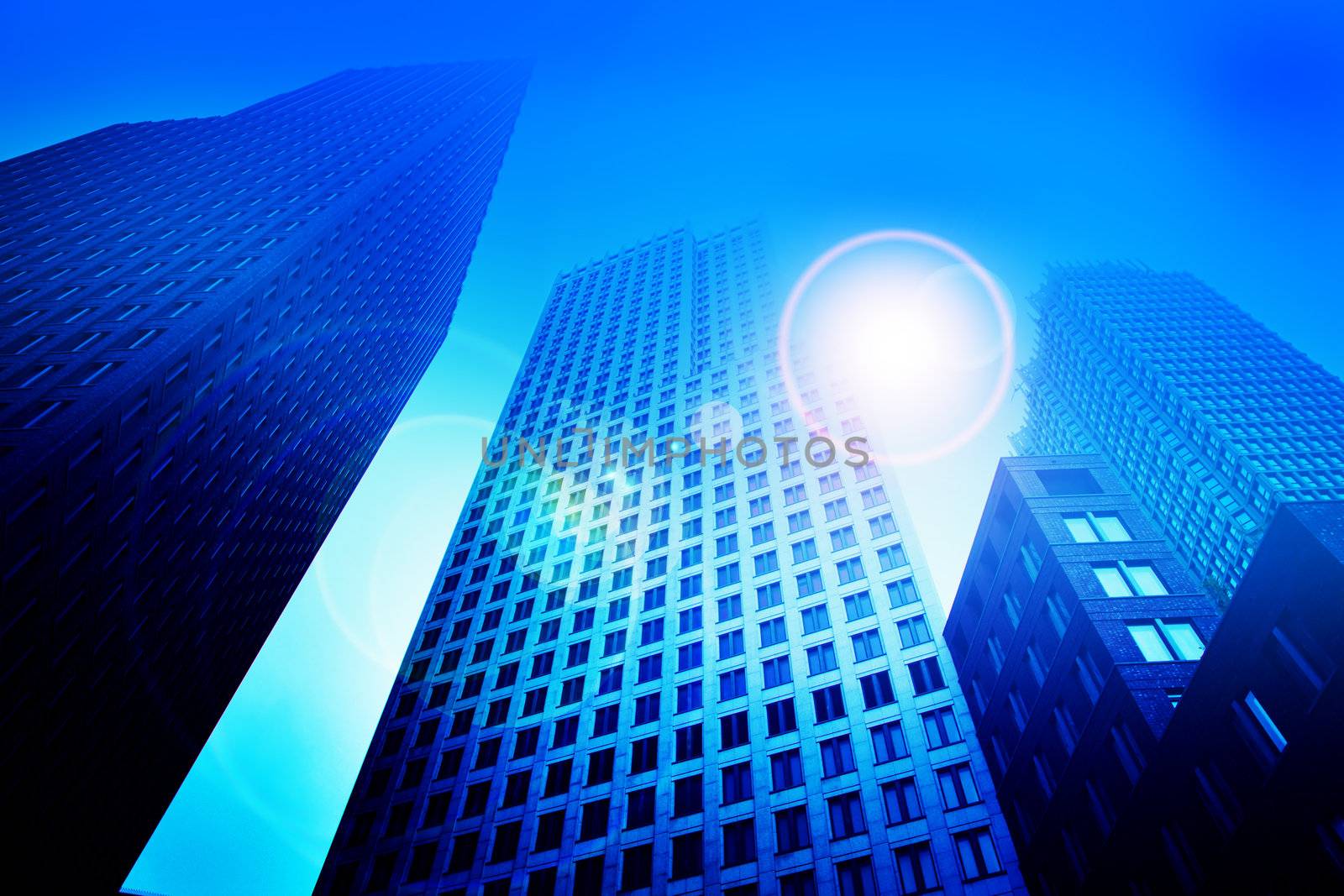 Business skyscraper buildings in blue tone. Office work, big city, finance concepts