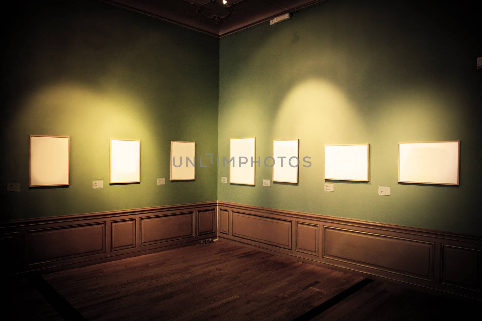Art gallery, museum. Picture frames with blank empty white inside.
