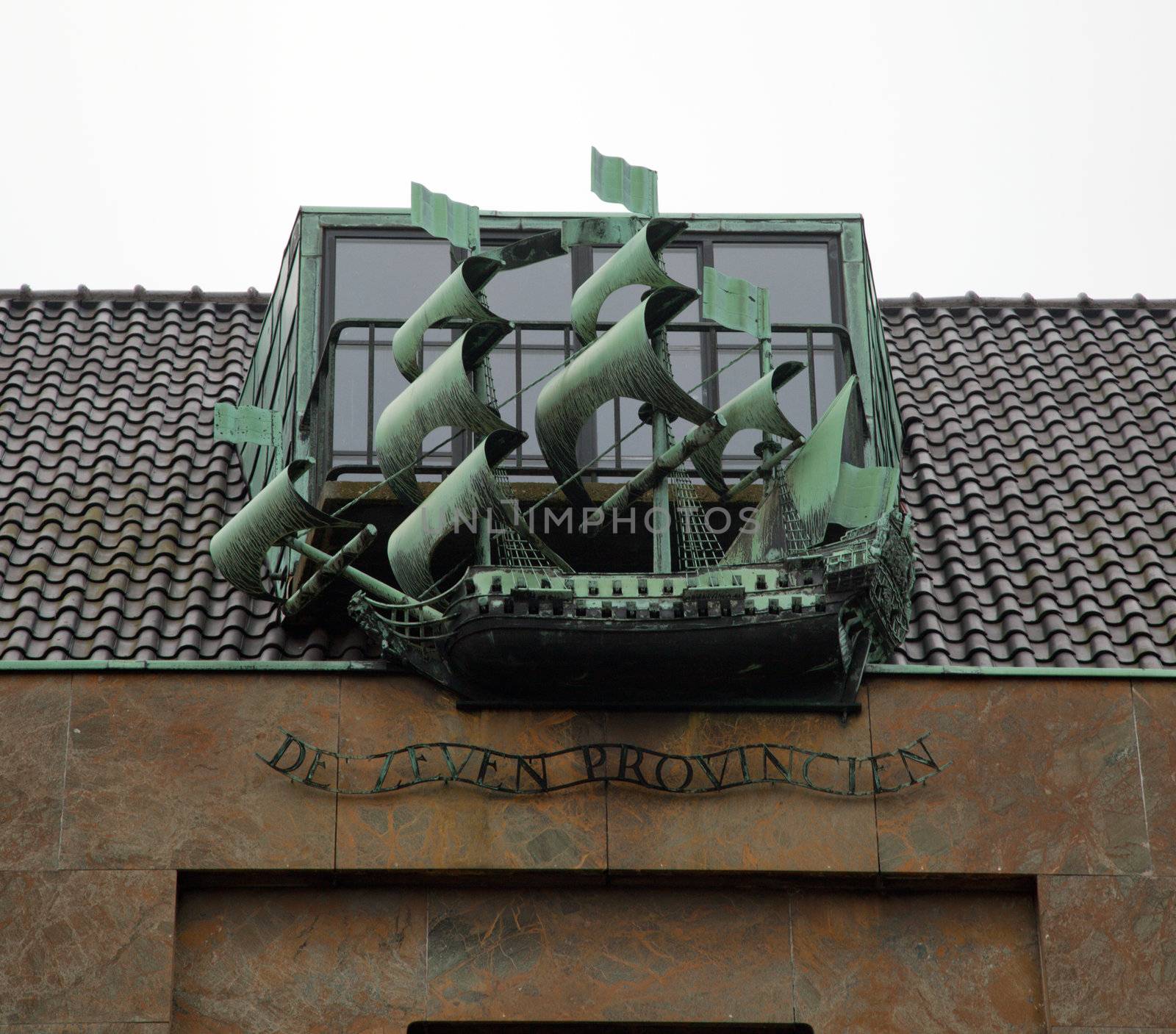 The ship sculpture on the building in The Hague (Den Haag), Netherlands 