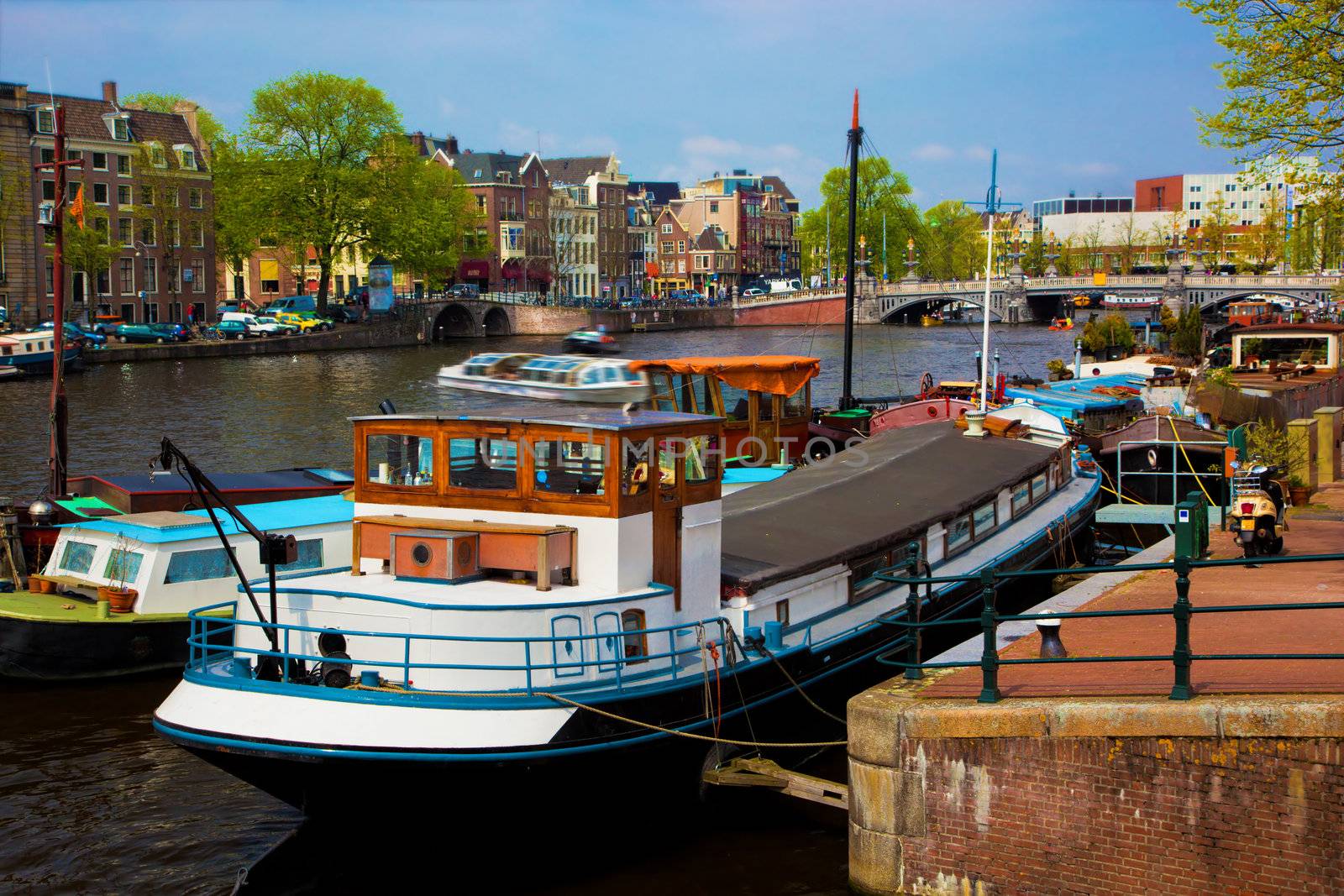Amsterdam, Holland, Netherlands. Old town canal, boats.