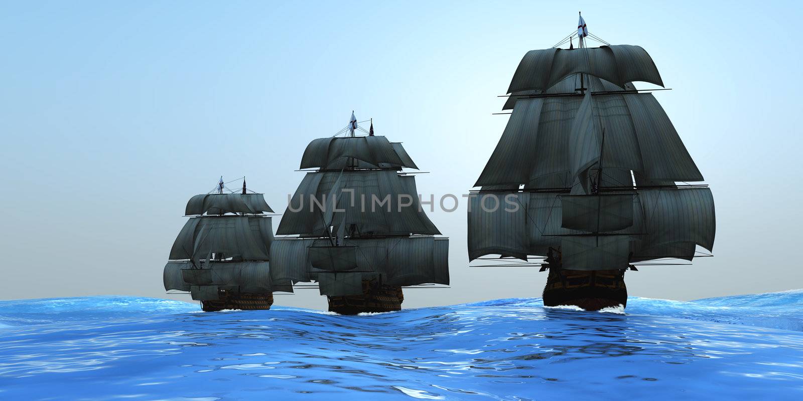 Three tall ships in full sail cross a large ocean with glistening blue waters.