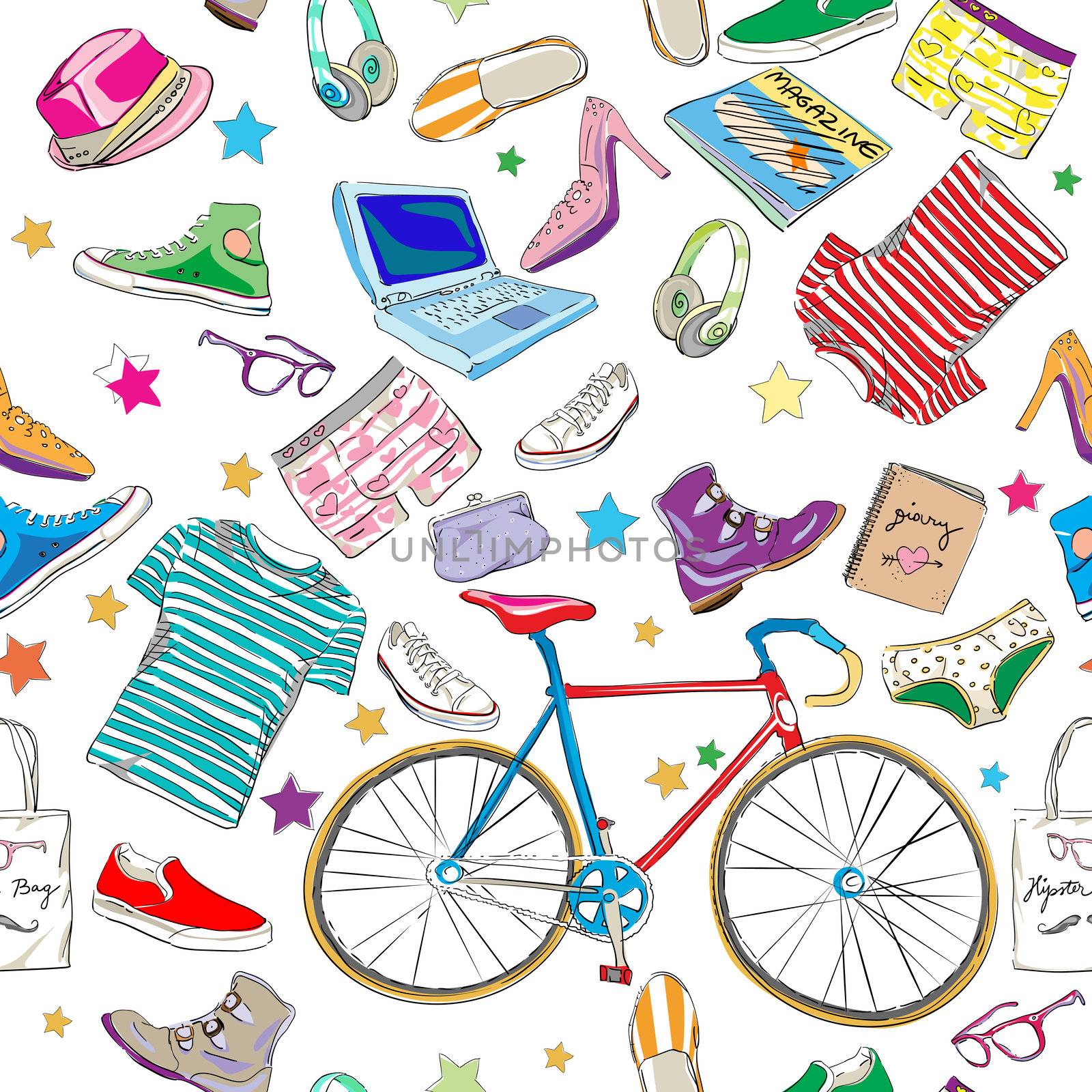 urban hipster accesories pattern, smart colored doodles over white