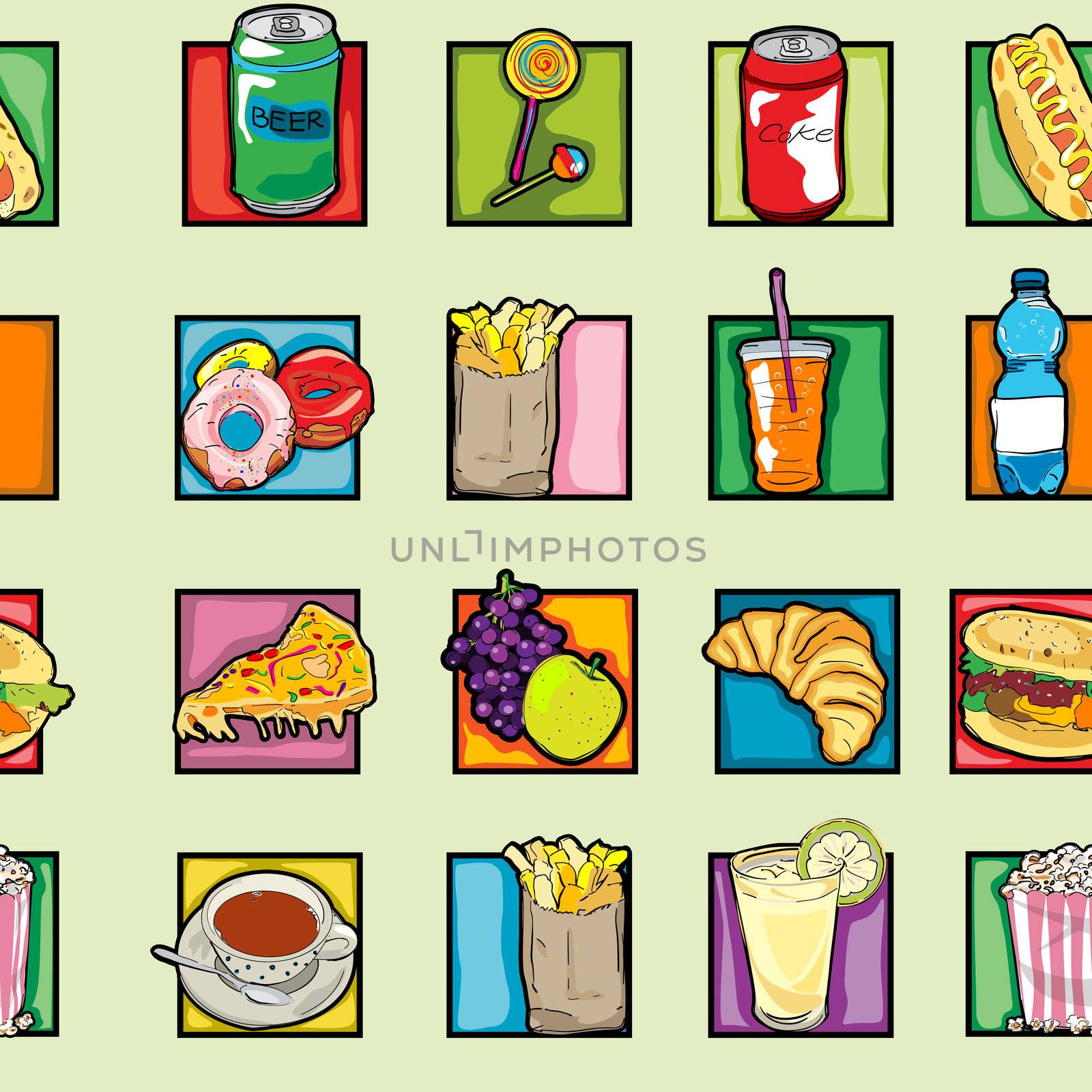 Classic clip art icons pattern with cheeseburger, pizza, beer, soda, coffee, lollipop, juice, croissant, french, fries, fruits, pop art retro graphics