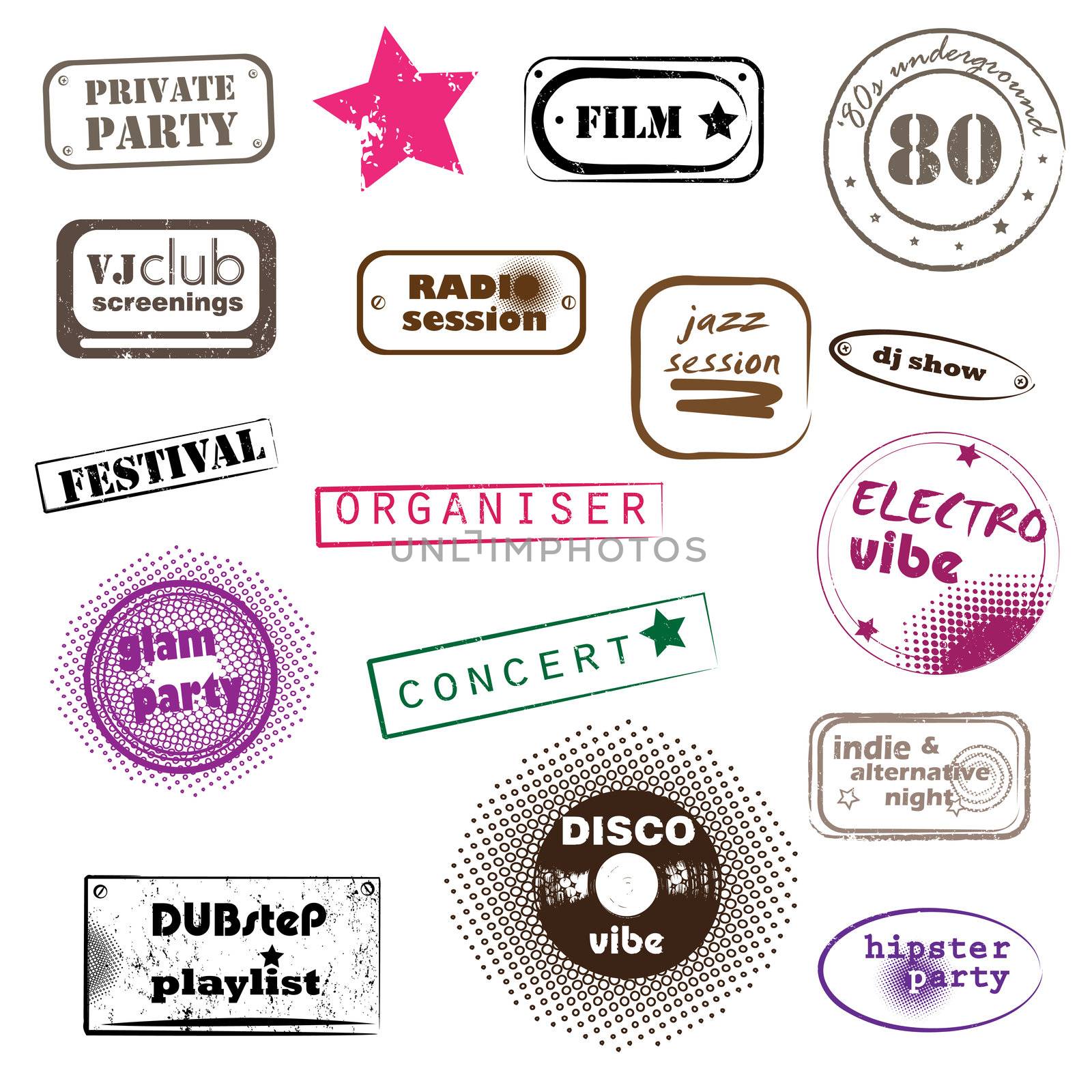 hipster party retro music pop stamps collection isolated on white