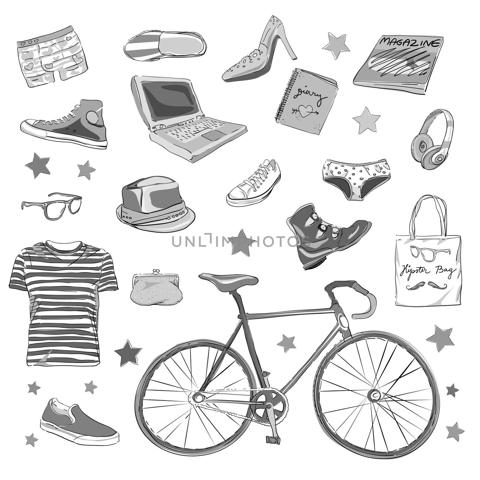 urban hipster accesories, smart grey scale doodles isolated on white