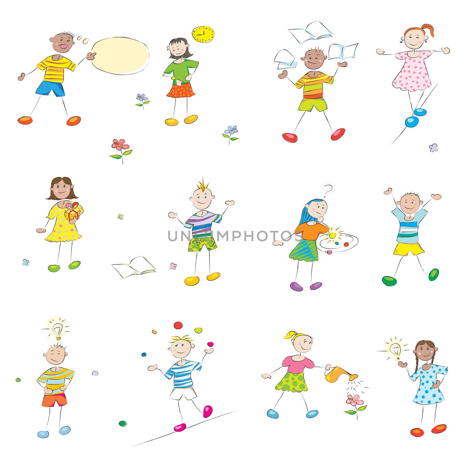 happy learning school kids doodles collection isolated on white, student profile hand drawn characters