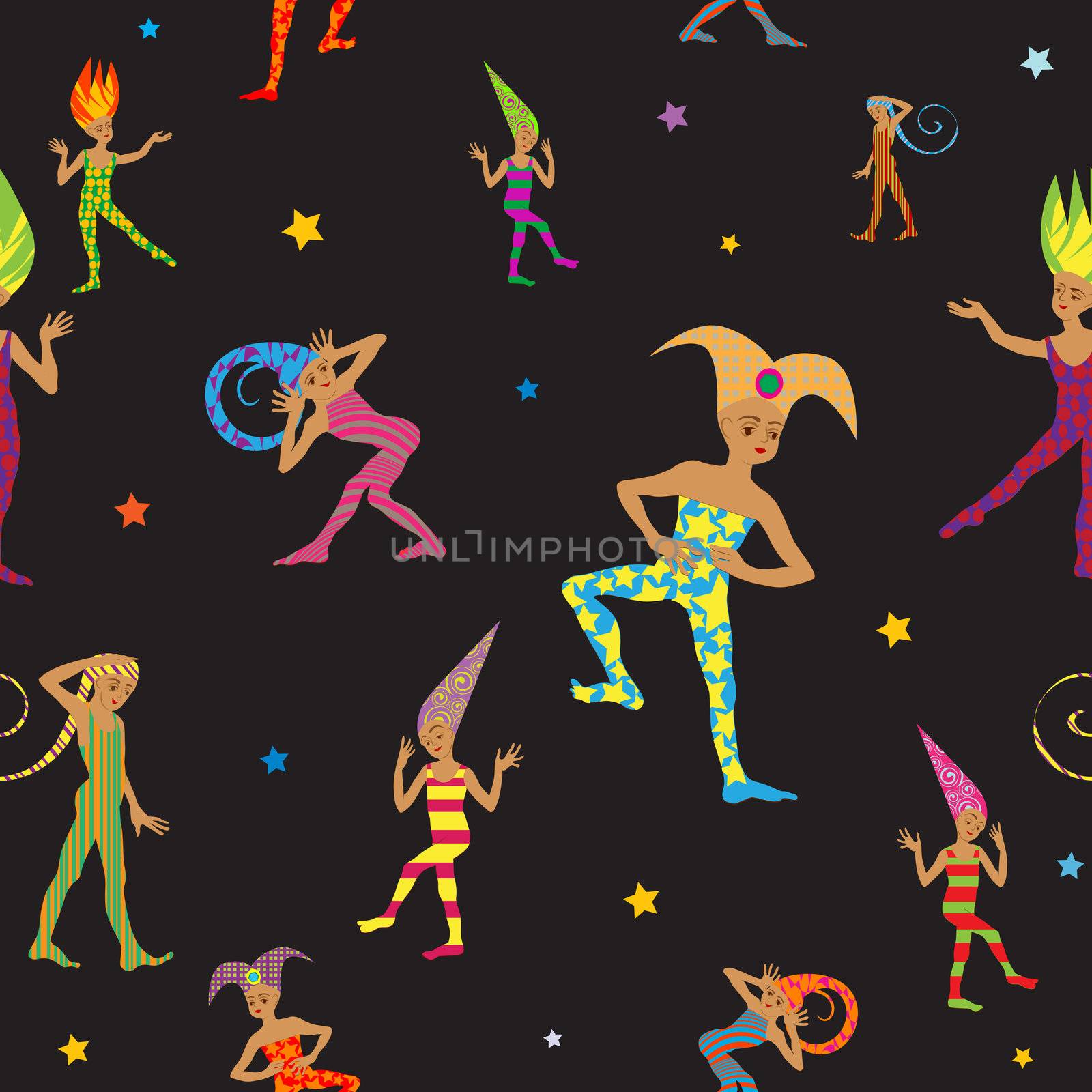 carnival pattern with funny kids dressed in harlequin costumes with fabulous hats over black