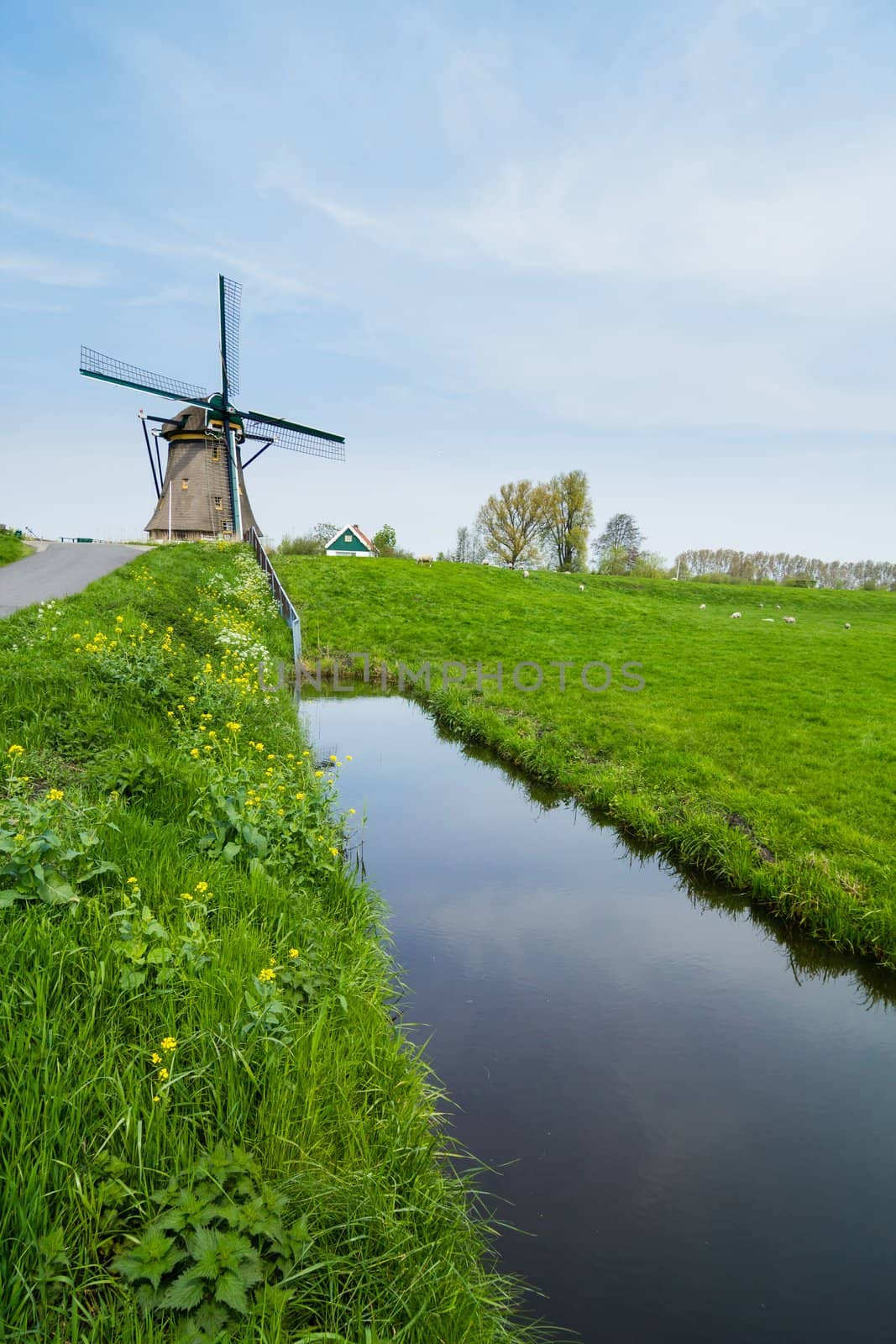 A traditional Dutch windmill near the canal. Netherlands. Vertical view