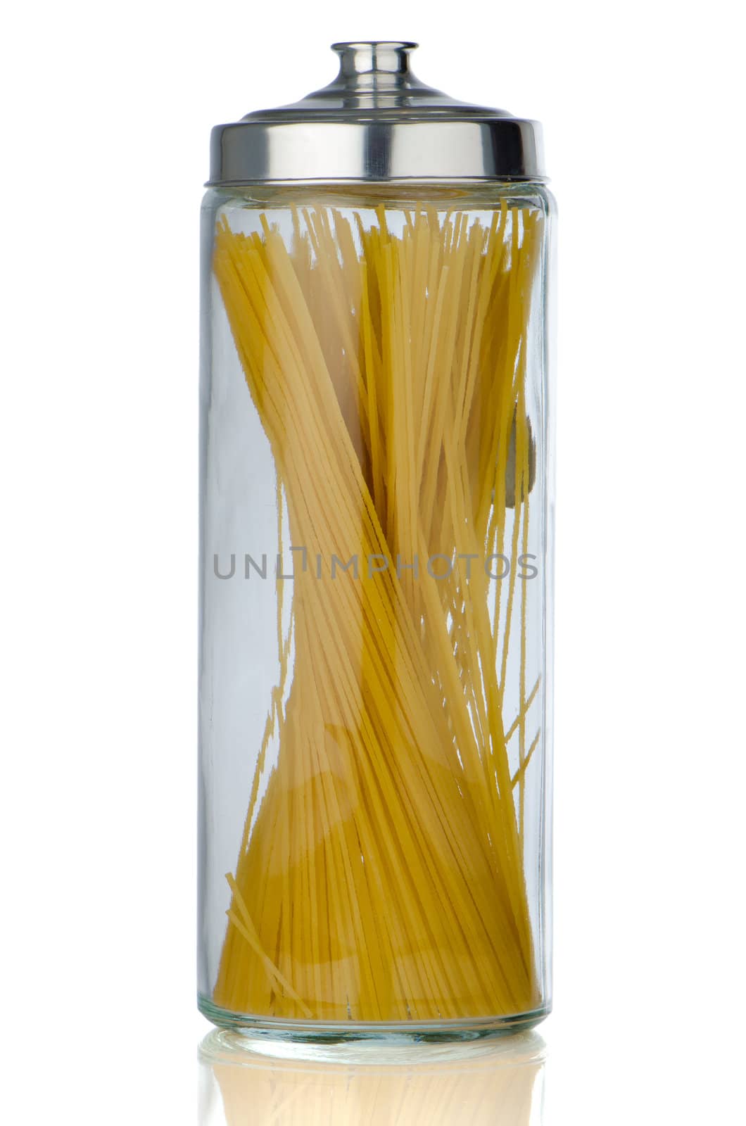 Jar from pasta on white background.