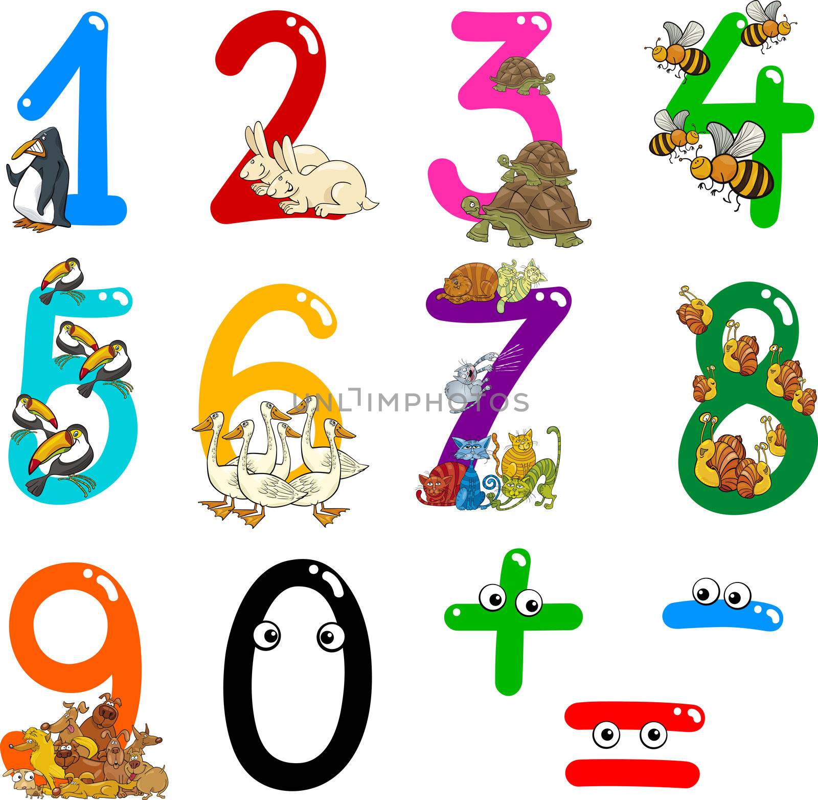 cartoon illustration of numbers from zero to nine with animals