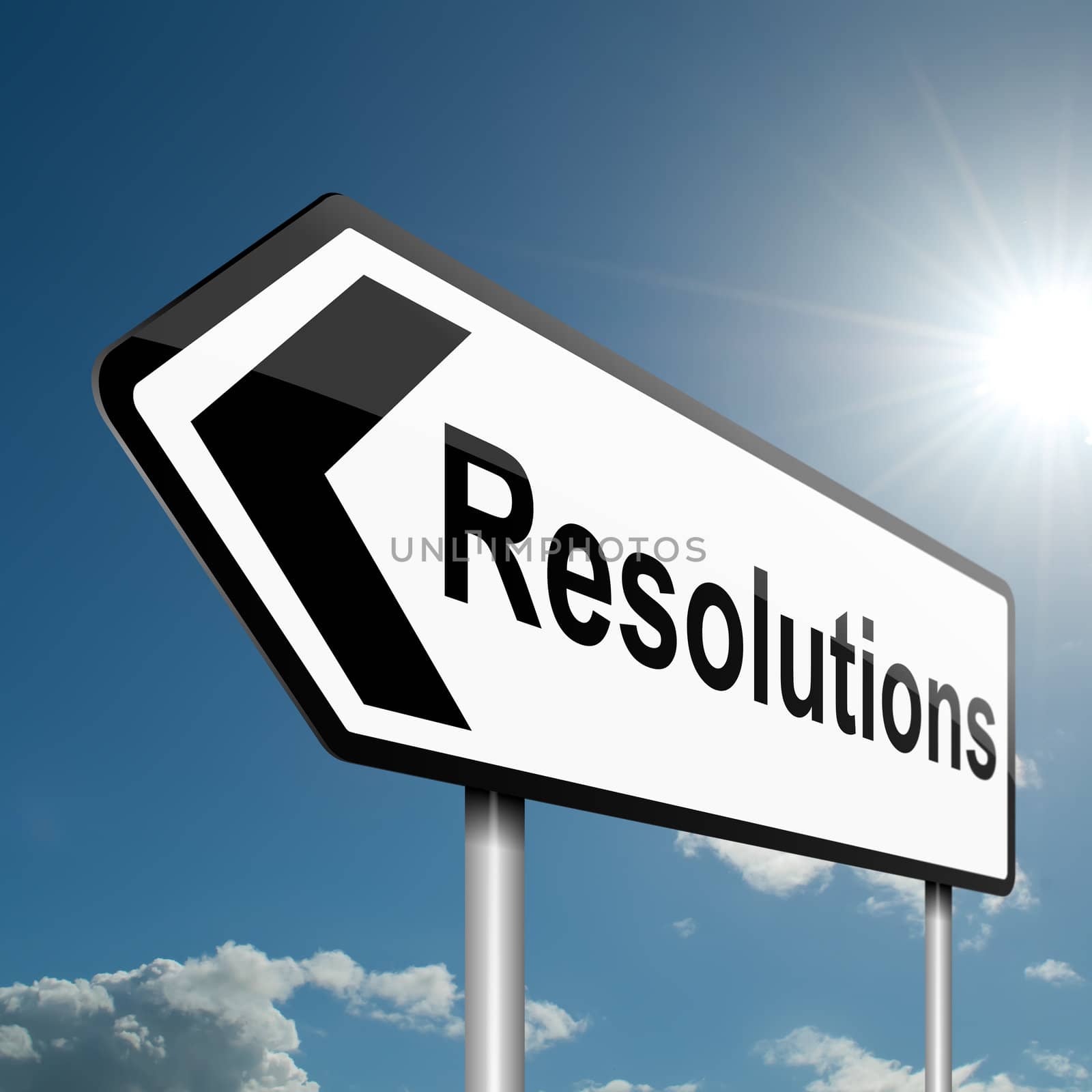 Illustration depicting a road traffic sign with a resolutions concept. Blue sky background.