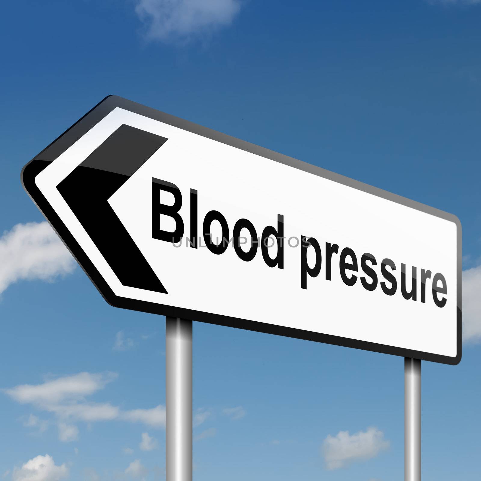Illustration depicting a road traffic sign with a blood pressure concept. Blue sky background.