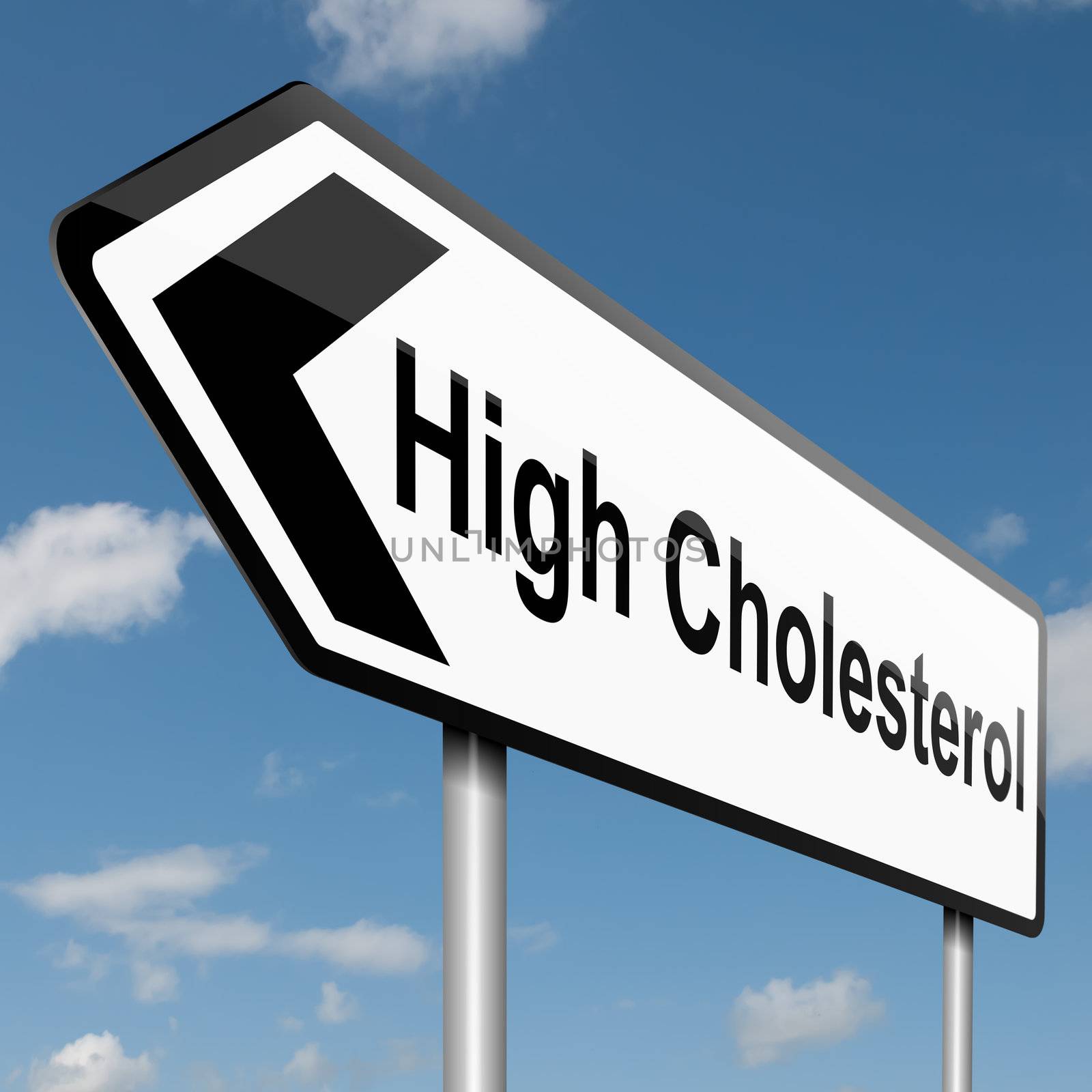 Illustration depicting a road traffic sign with a Cholesterol concept. Blue sky background.