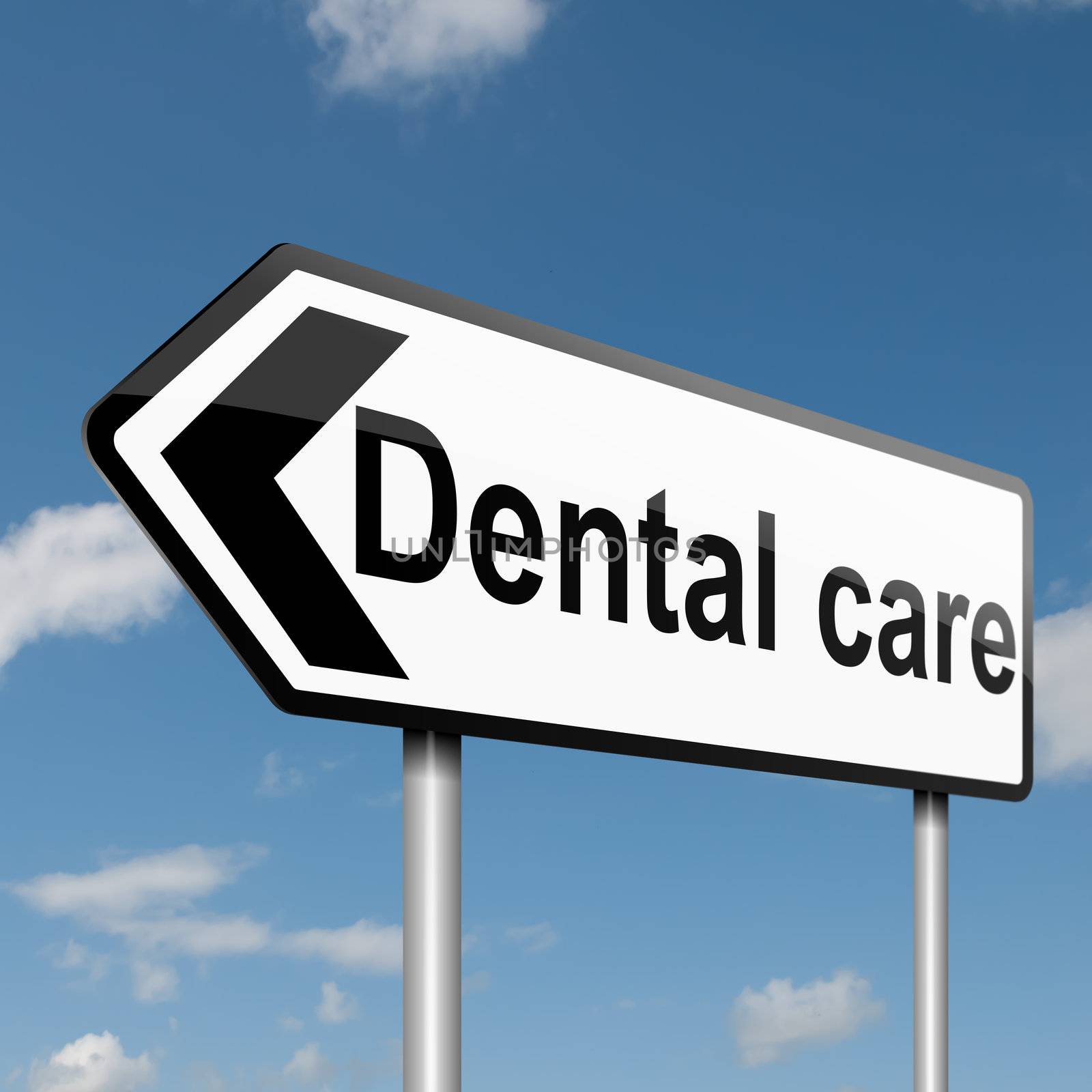 Illustration depicting a road traffic sign with a Dental treatment concept. Blue sky background.