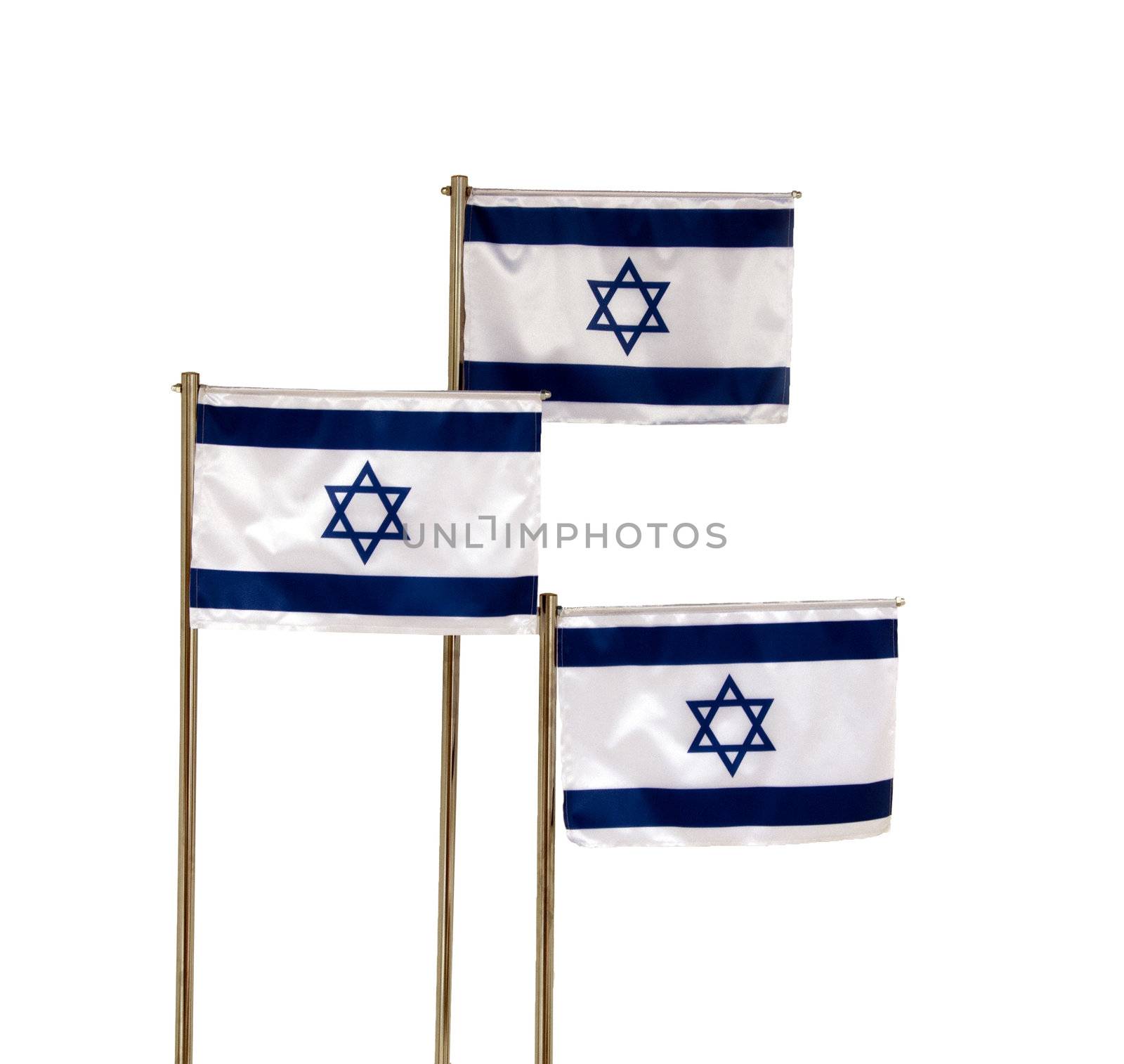three israelean flags on isolated white