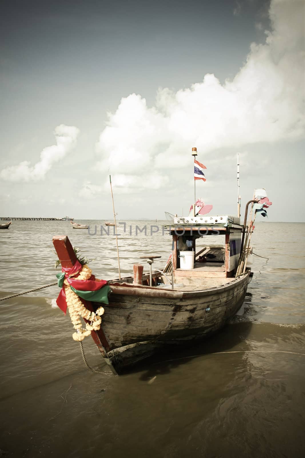 Thai Fishing Boat in blue sky,Thailand,Asia.retro style