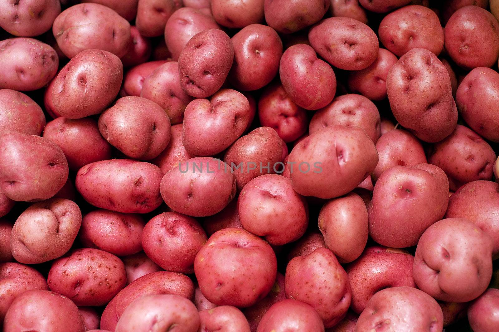 red potatoes in a pile on a farm stand