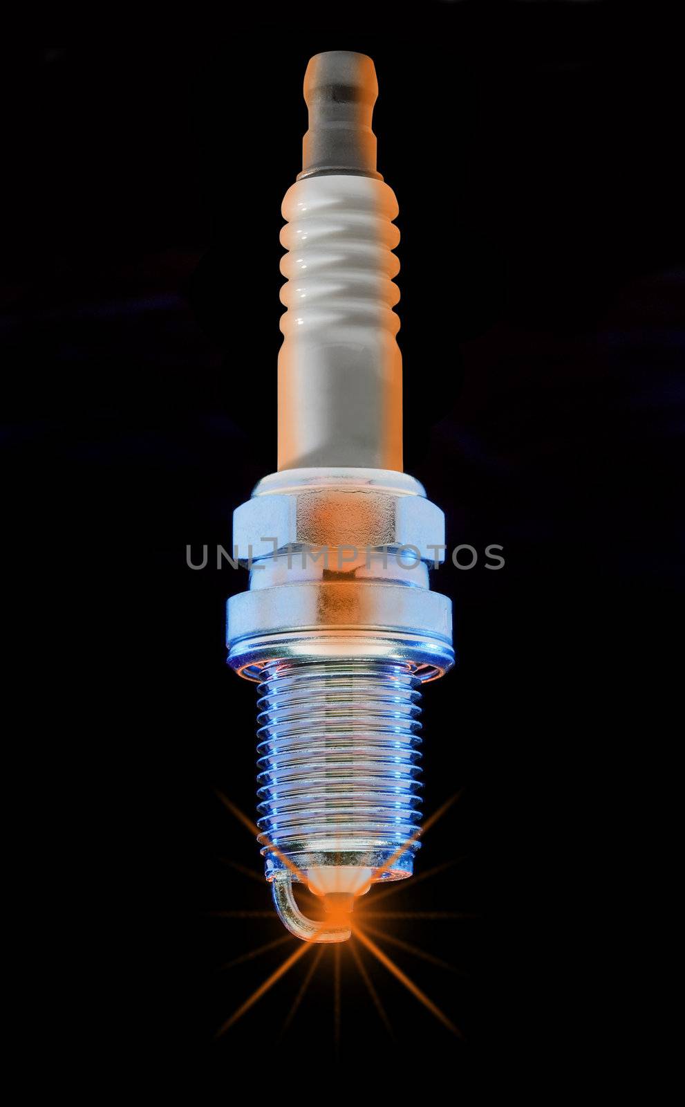spark plug on a black background in blues and orange