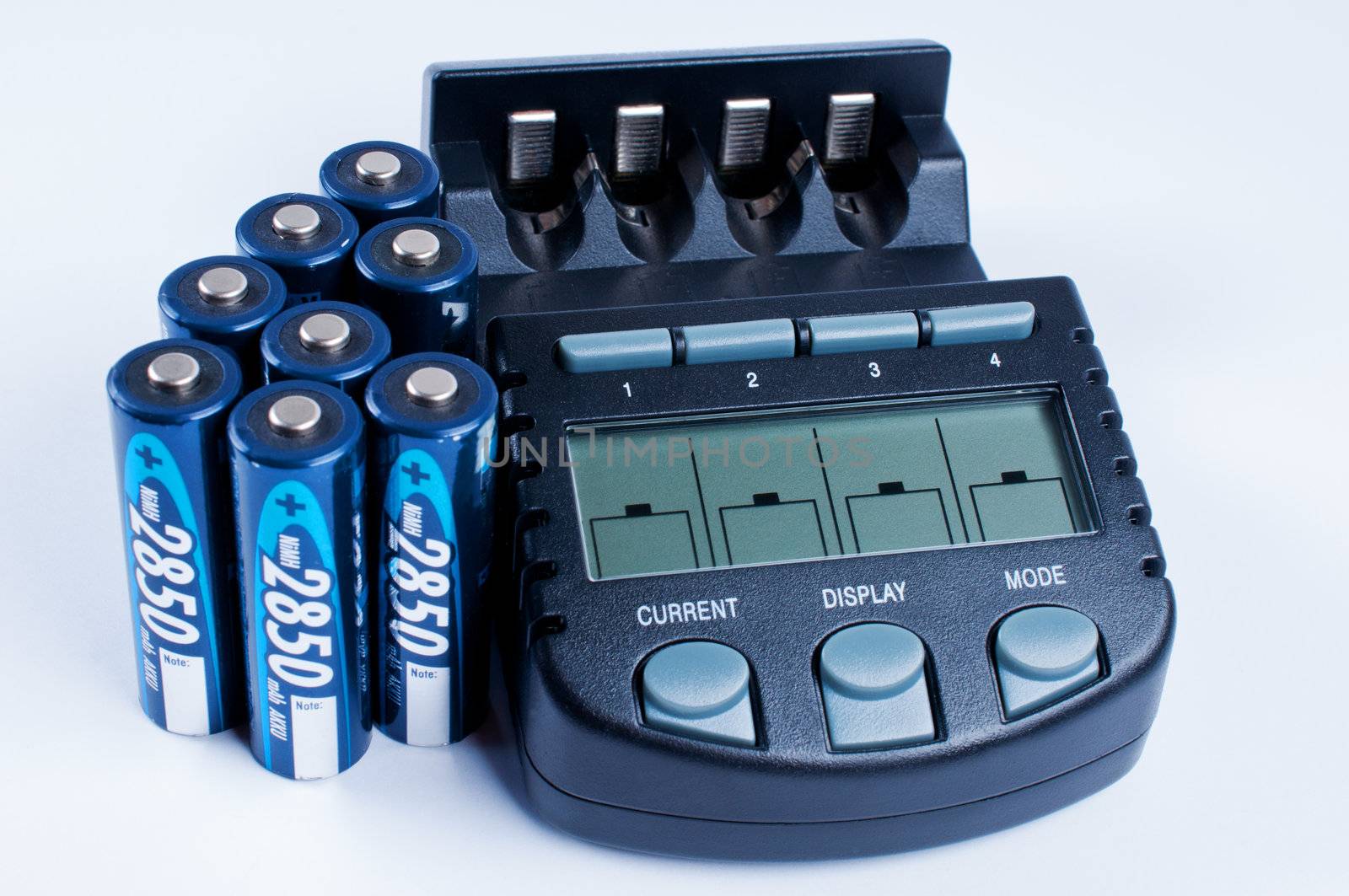 Battery charger with battery on wite background