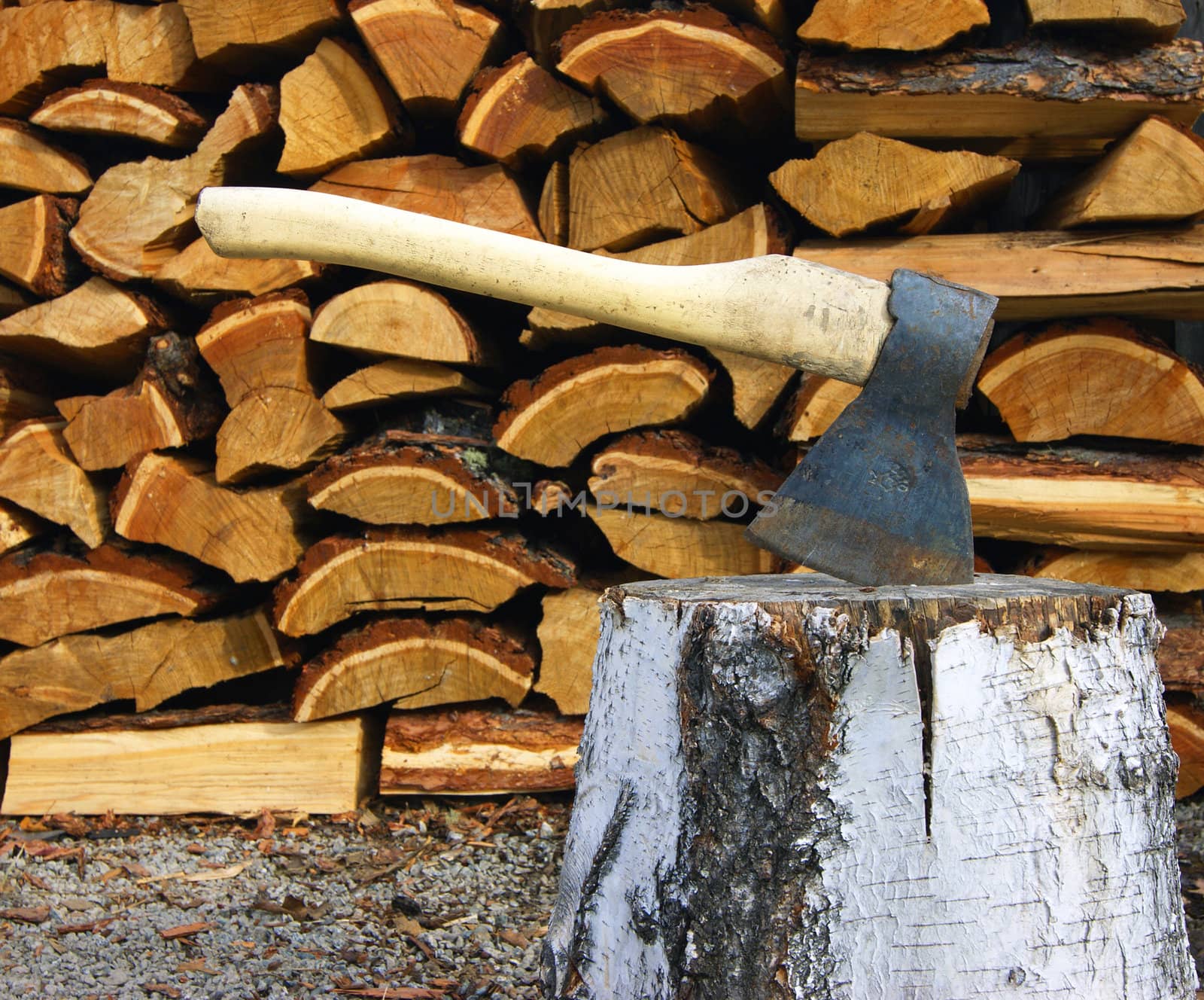 Tools axe and birch log by cobol1964
