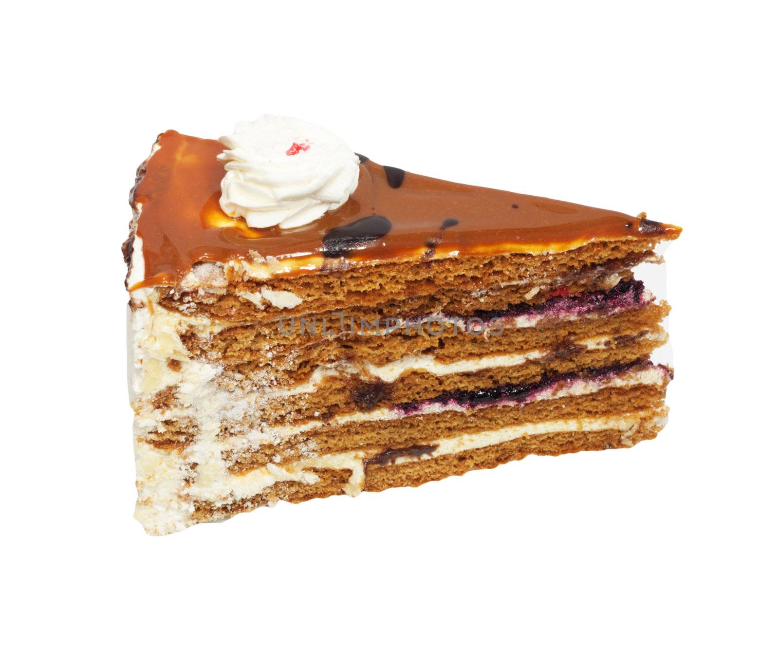 Slice of cream cake with chocolate on the white background 