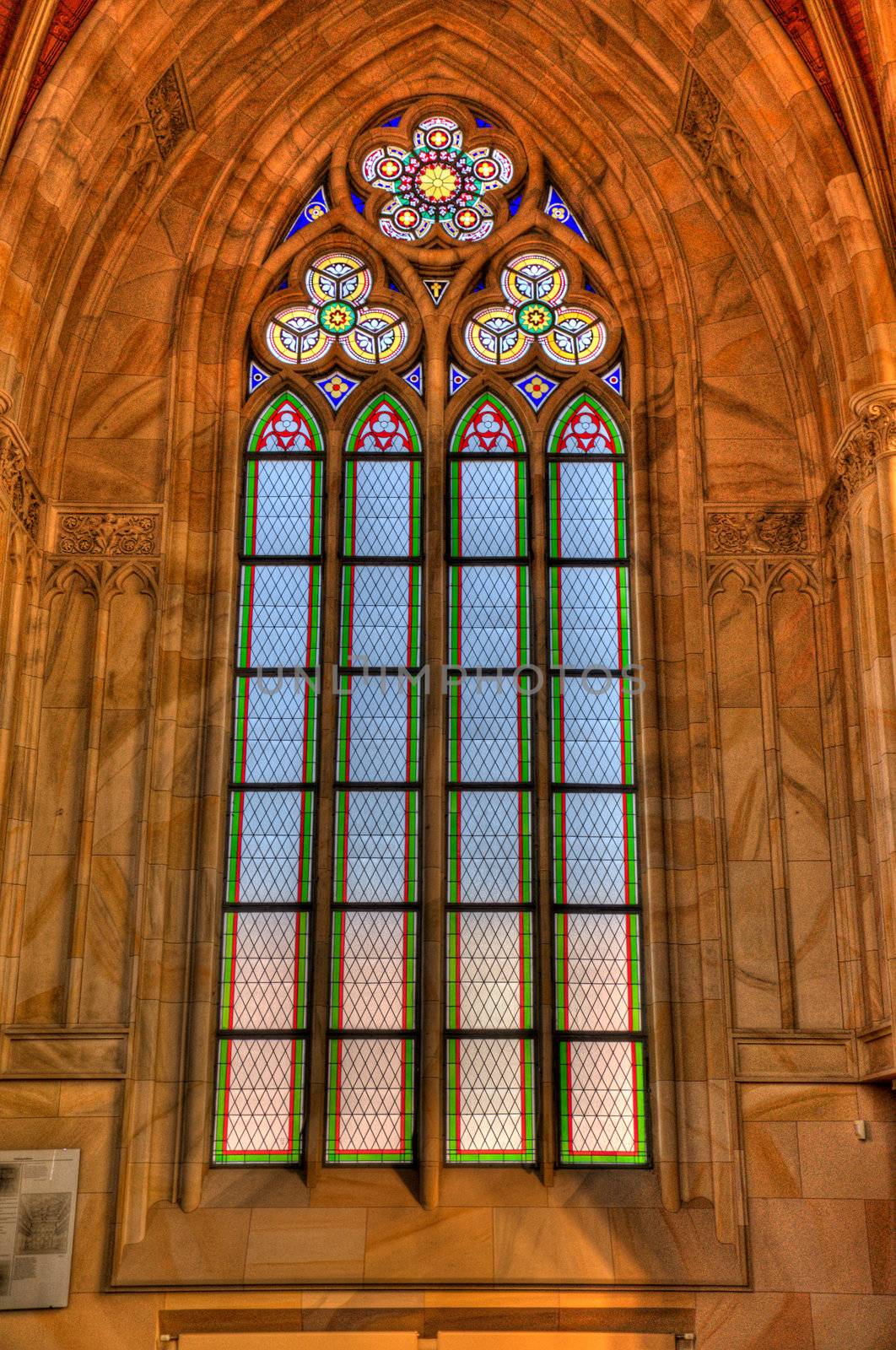 Stained glass window of church close up Berlin Germany HDR